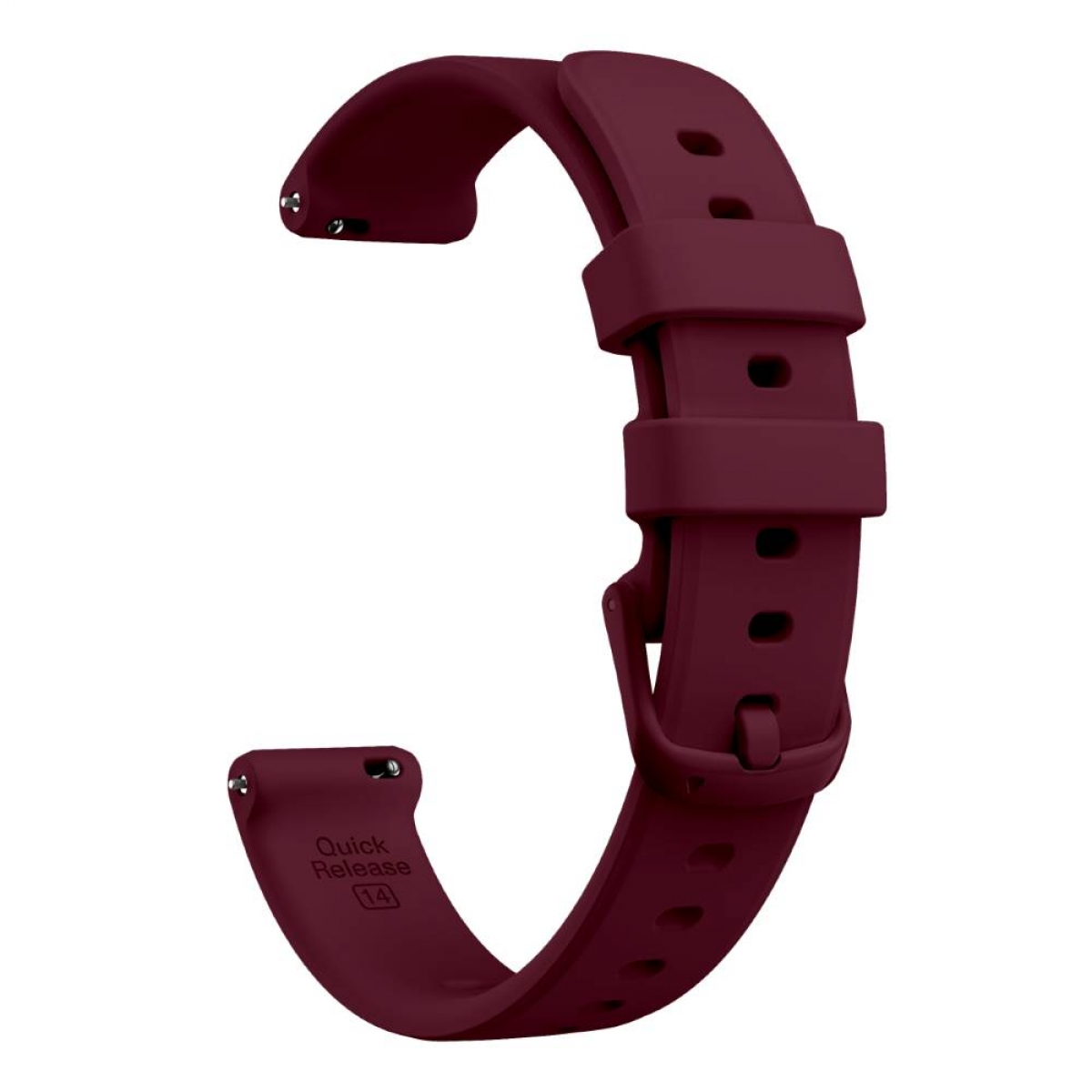 Weinrotes Uhrenarmband mit Schnellverschlussstiften, Schnalle und Löchern.