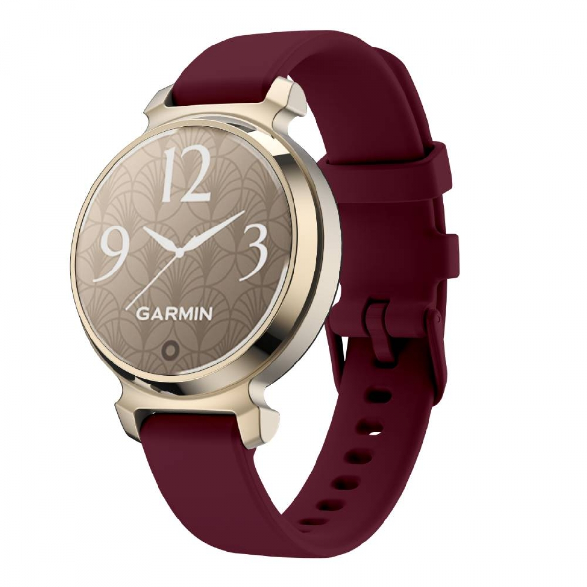 Eine runde Smartwatch mit bordeauxrotem Armband und goldenem Gehäuse.