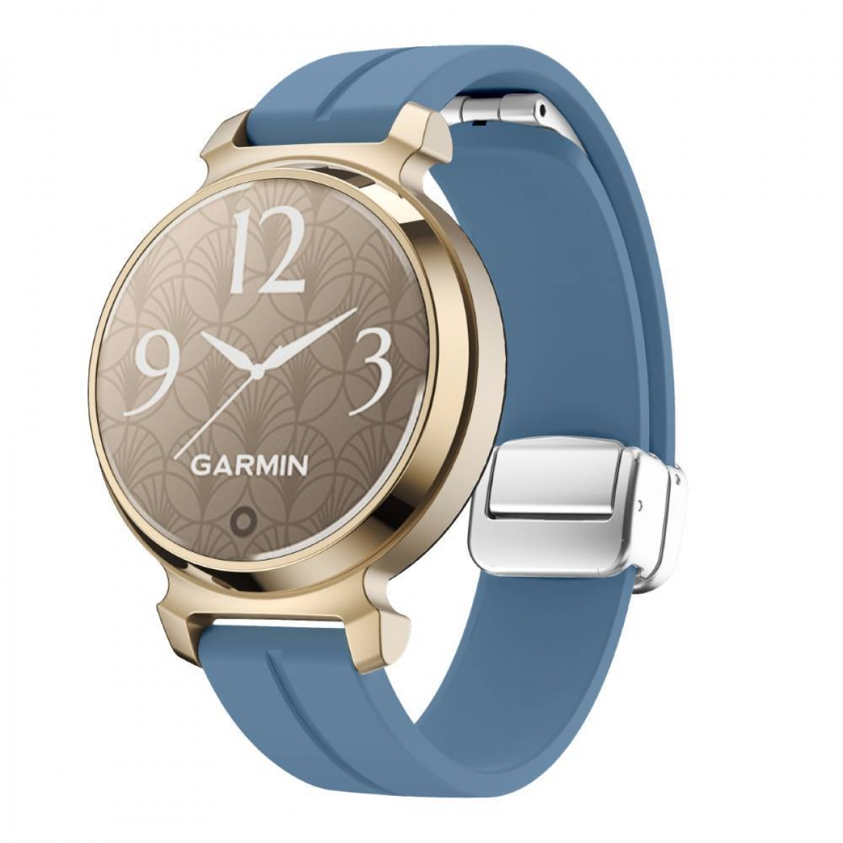Goldene Uhr mit blauem Armband. Das Zifferblatt hat die Zahlen 3, 9 und 12.