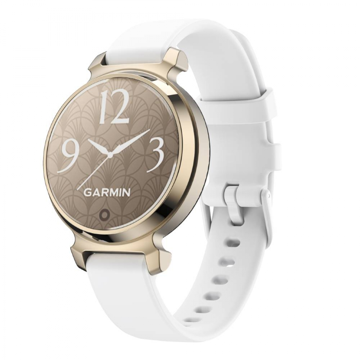 Weiße Garmin Smartwatch mit goldfarbener Lünette und weißem Armband.
