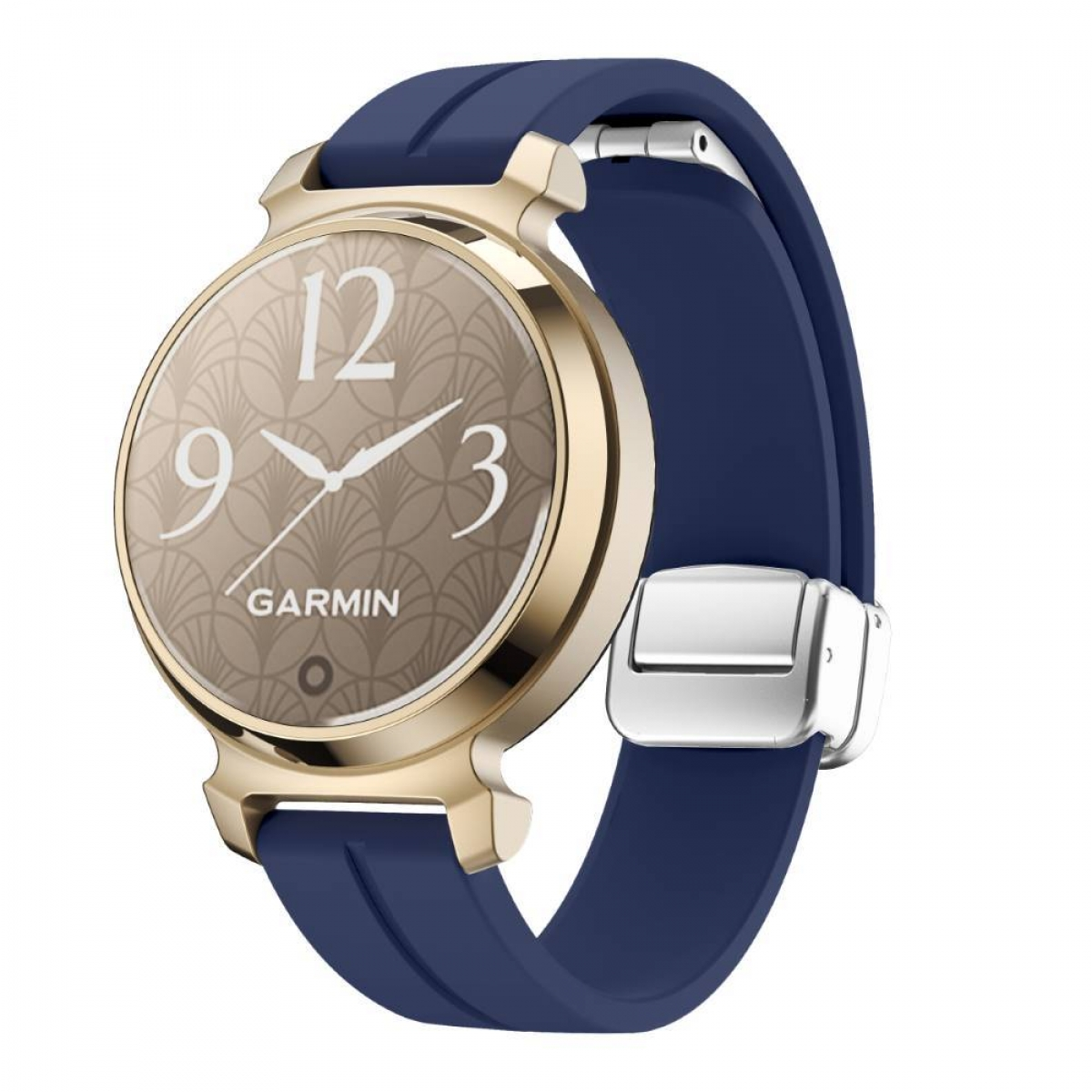 Eine goldene und blaue Garmin-Uhr mit blauem Armband. Das Zifferblatt hat Zahlen und ein Muster. Metallverschluss gezeigt.