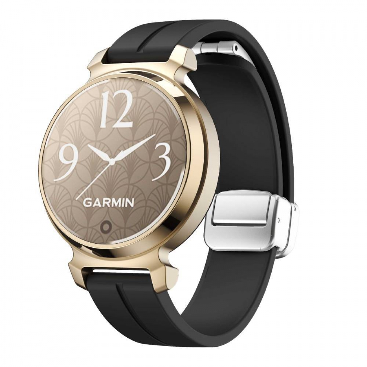 Goldene Smartwatch mit schwarzem Armband. Das Zifferblatt zeigt Zahlen und ein dekoratives Muster.