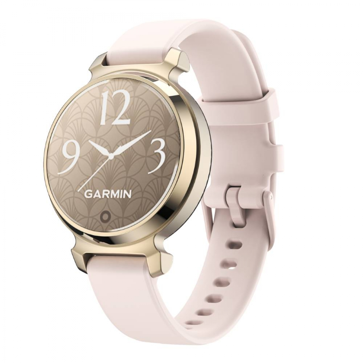 Goldfarbene Garmin-Smartwatch mit rosa Armband. Das Zifferblatt hat Zahlen.