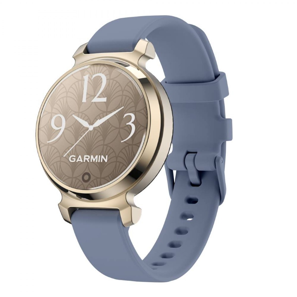 Eine gold-blaue Garmin Smartwatch mit blauem Armband. Das Zifferblatt hat Zahlen und ein Muster.