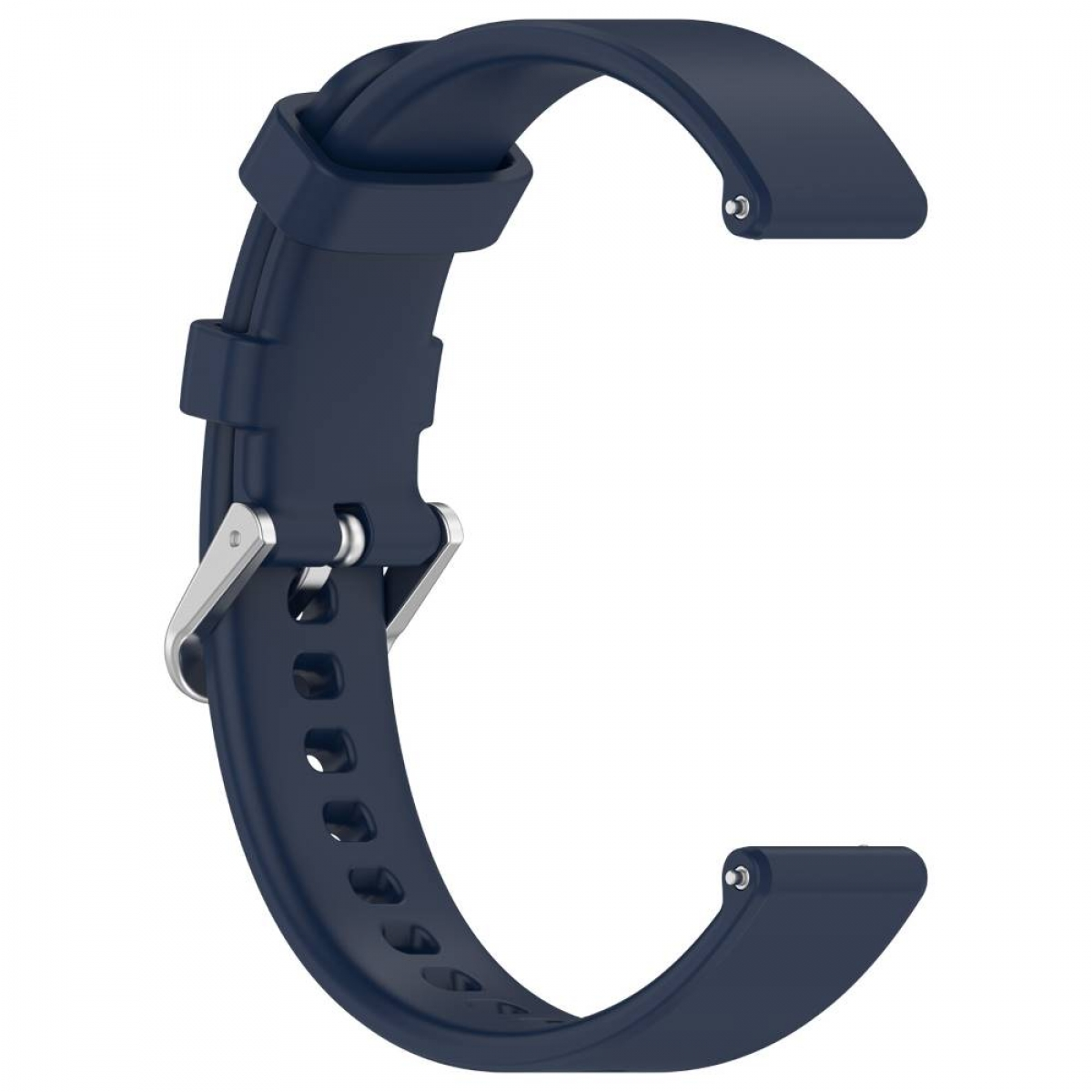 Gebogenes blaues Uhrenarmband mit silberner Schnalle. Weißer Hintergrund.