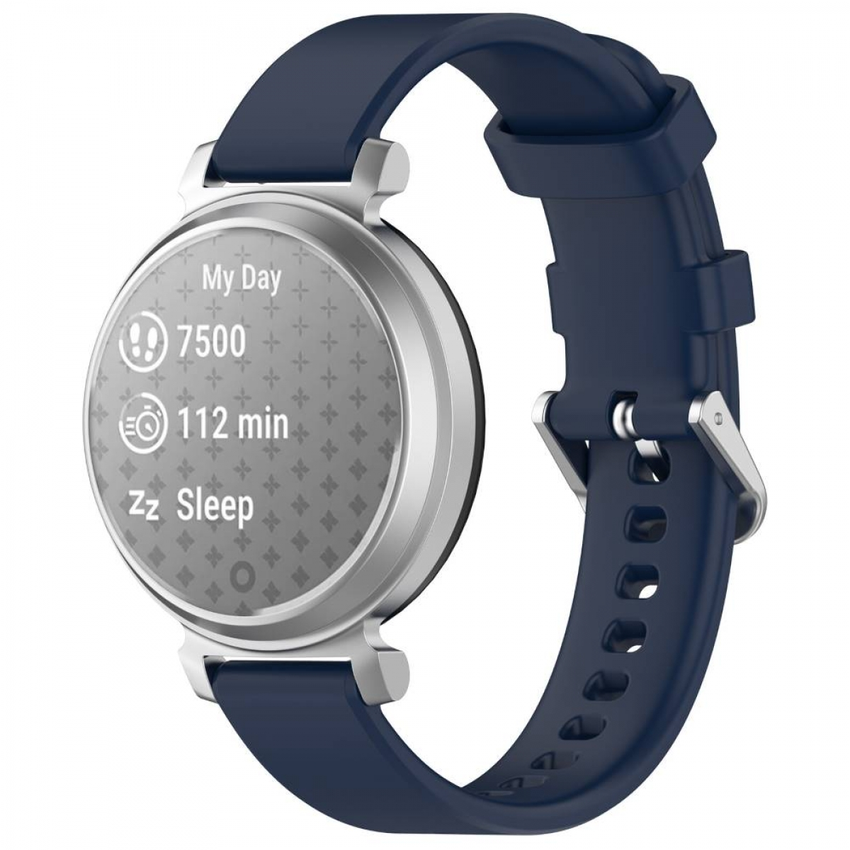 Smartwatch mit Datendisplay, blauem Armband, silbernem Gehäuse. Weißer Hintergrund.
