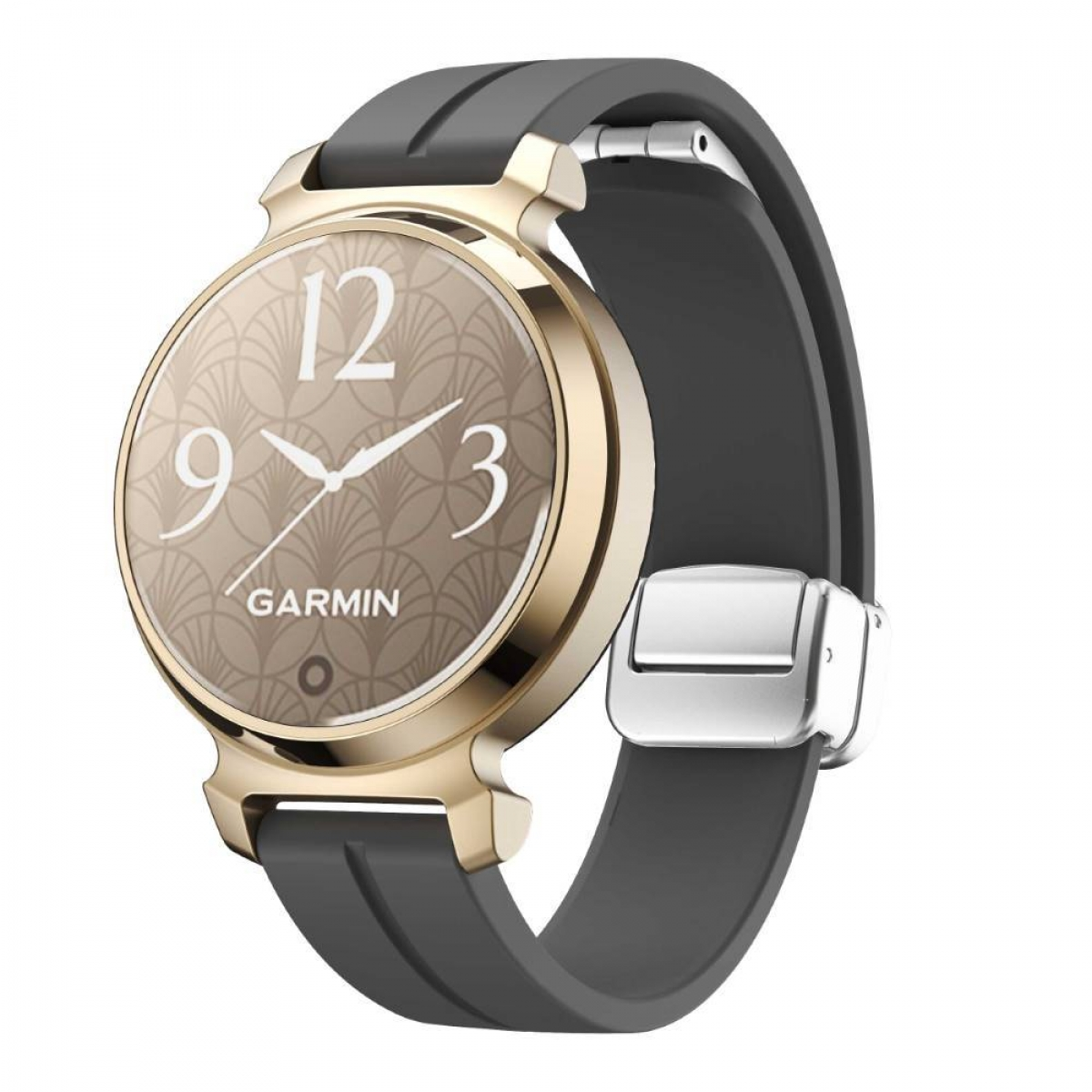 Goldene Uhr mit grauem Armband. Das Zifferblatt hat Zahlen und das Garmin-Logo.