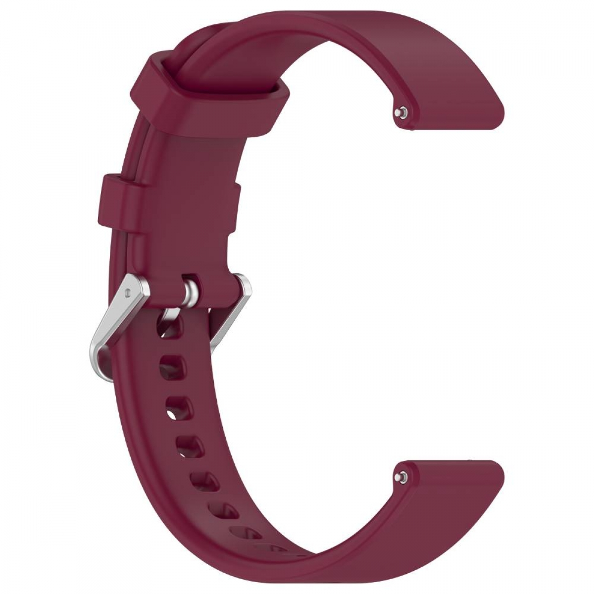 Ein weinrotes Uhrenarmband wird gezeigt. Das Armband hat einen Metallverschluss und ist gebogen.