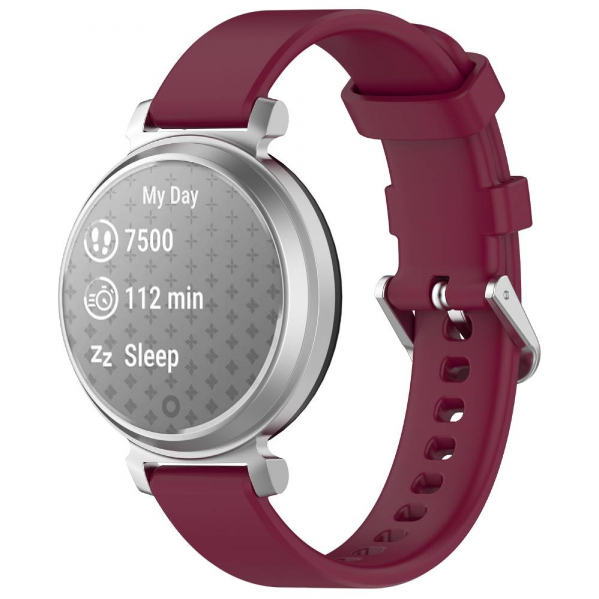 Smartwatch mit rotem Armband. Das Zifferblatt zeigt Aktivitätsmetriken und Zeit an.