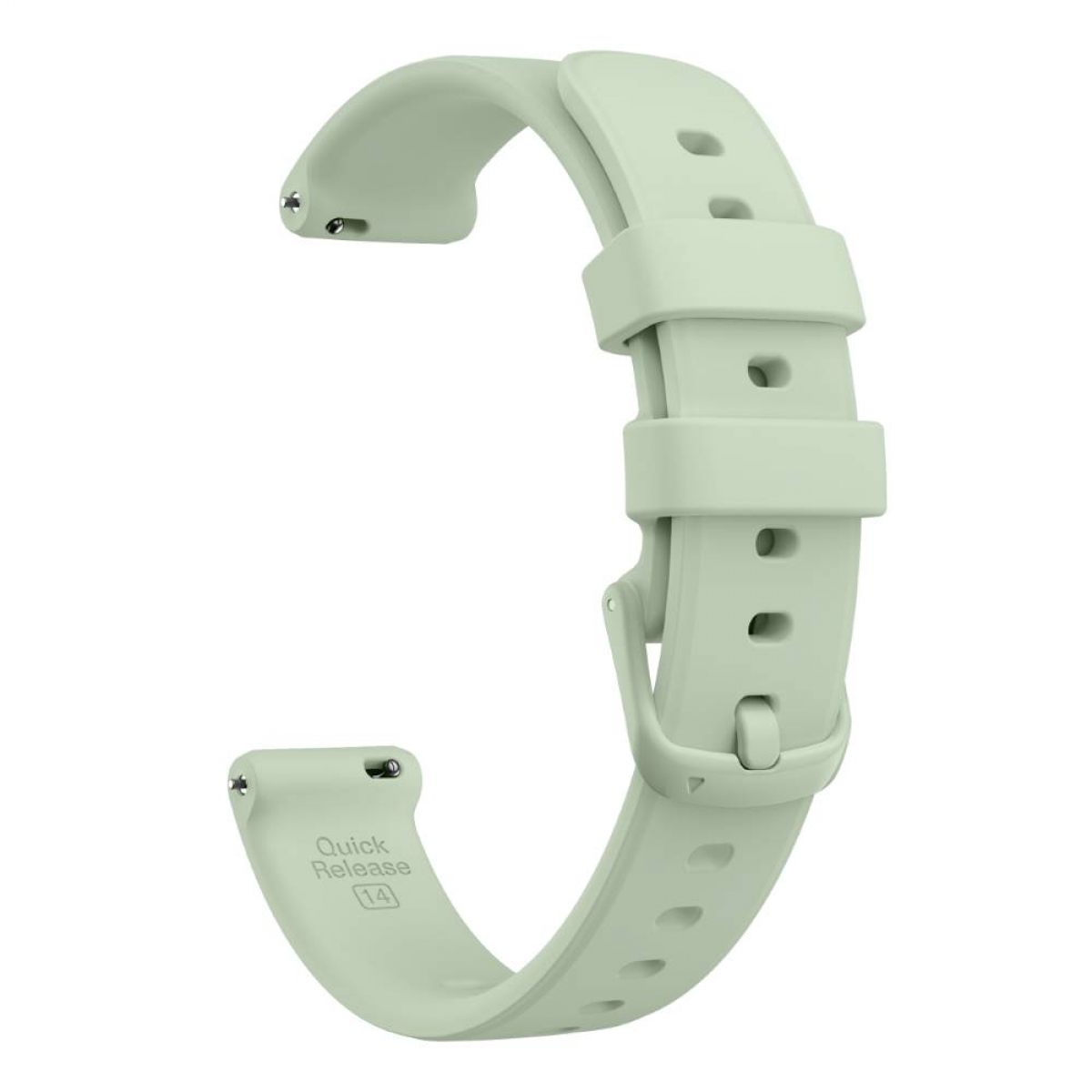 Hellgrünes Uhrenarmband, gebogene Form, eine Schnalle und zwei Stifte. Weißer Hintergrund.