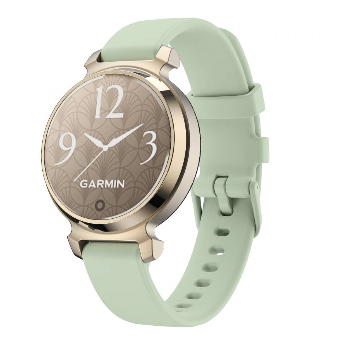 Garmin Smartwatch mit mintgrünem Armband, goldener Lünette, zeigt die Uhrzeit.