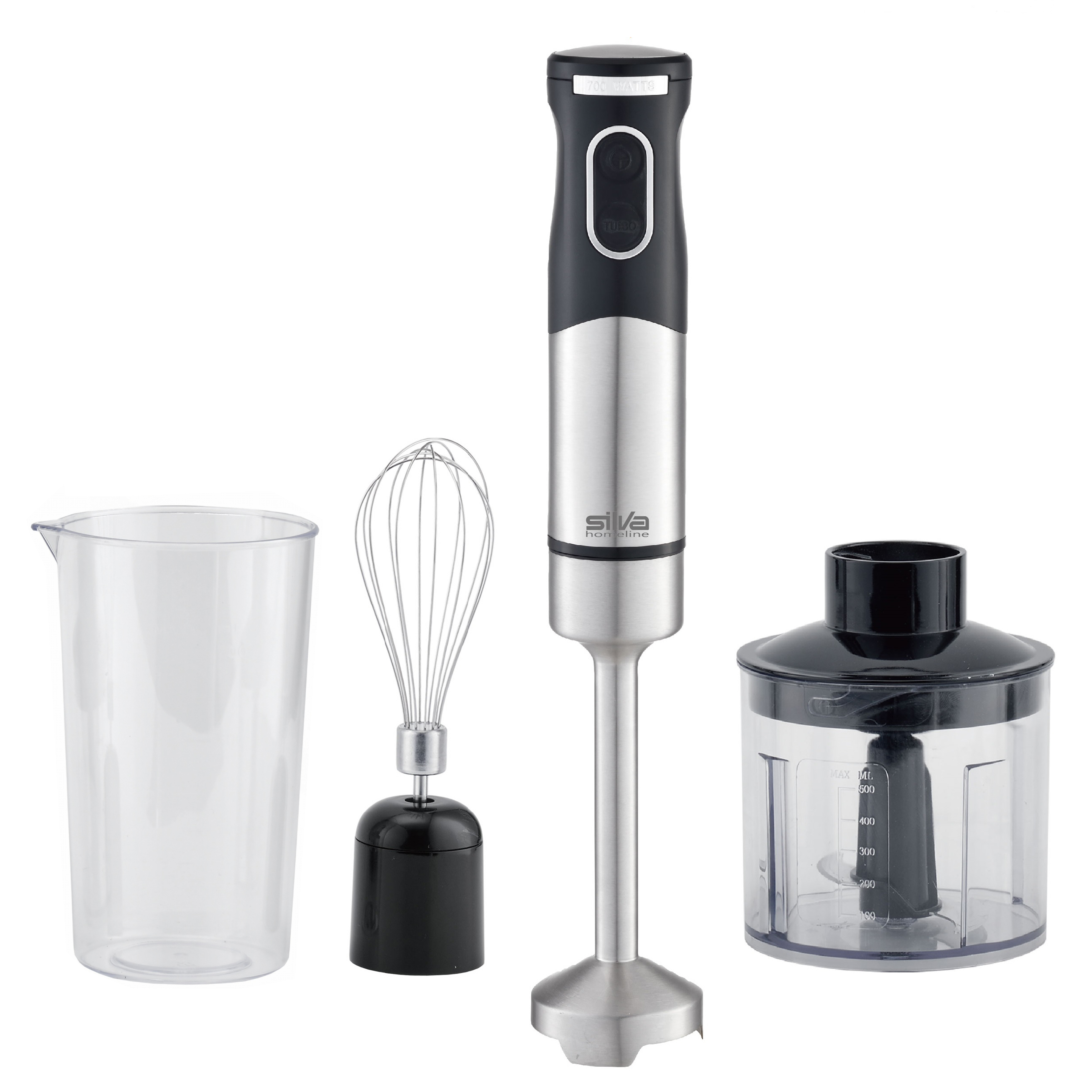 Set frullatore a immersione argento e nero. Include frullatore, frusta e due contenitori di miscelazione di diverse dimensioni.