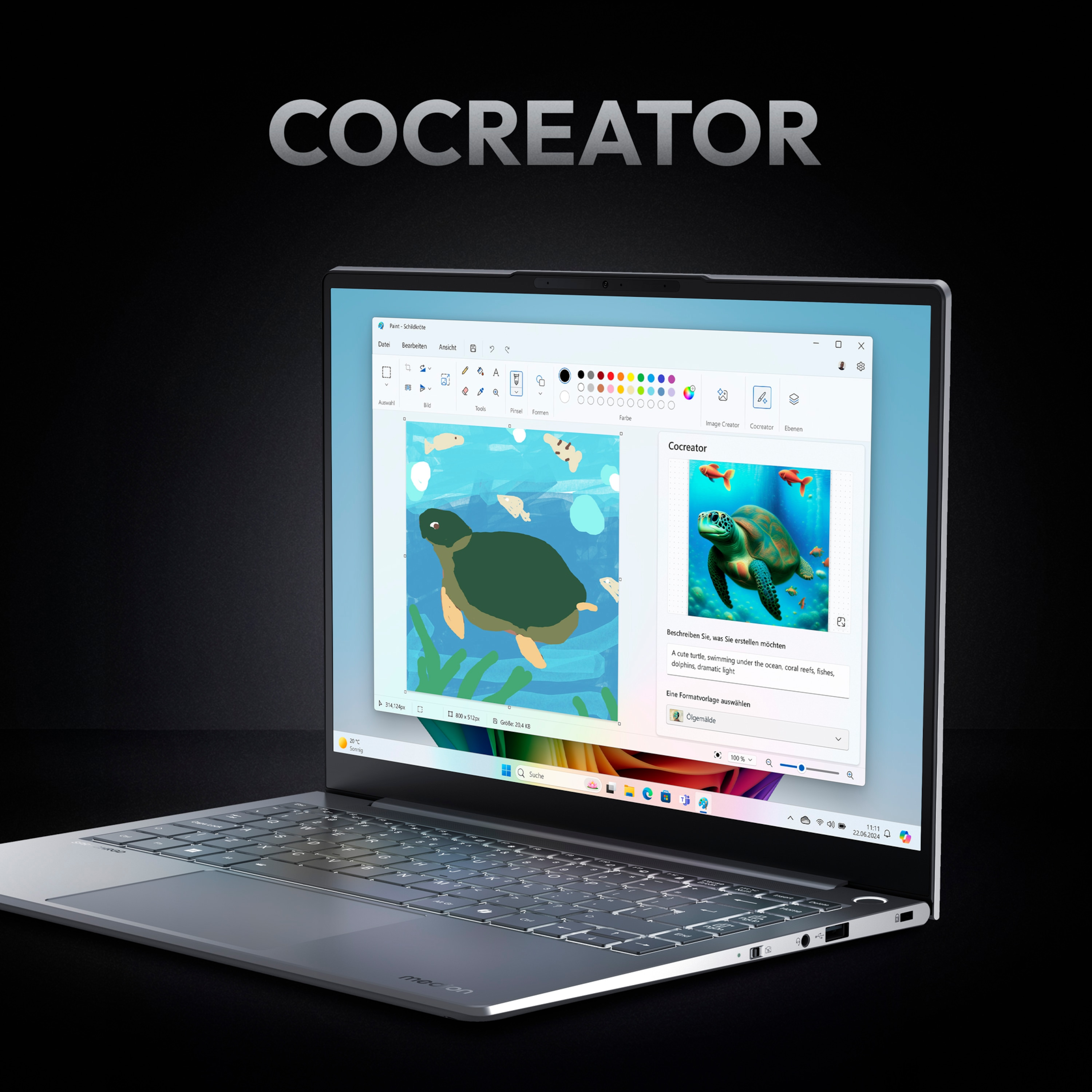 Ekran laptopa pokazujący projekt artystyczny żółwia w programie artystycznym, czarne tło.