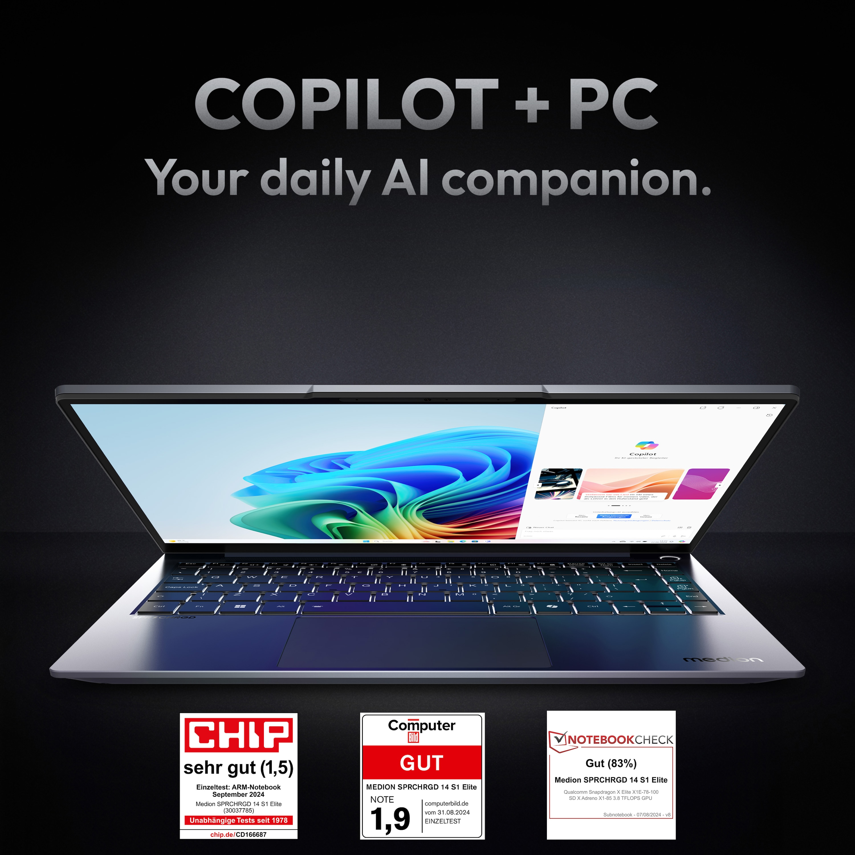 Ein Laptop mit einem Bildschirm, der Computerfenster zeigt. Text: COPIOT+PC, Your daily AI companion.