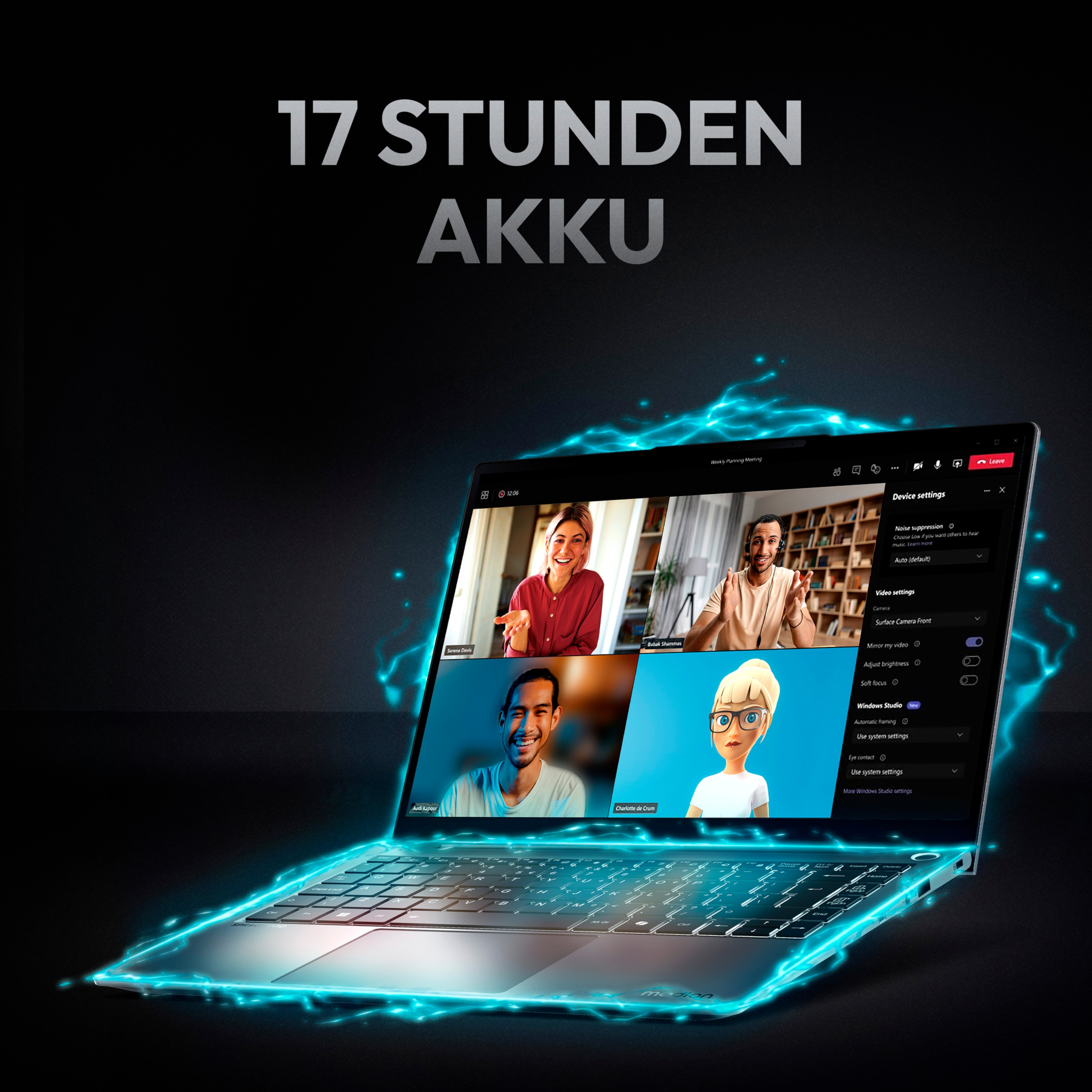 Laptop wyświetlający rozmowę wideo z czterema osobami, z tekstem powyżej i efektami niebieskiego oświetlenia.