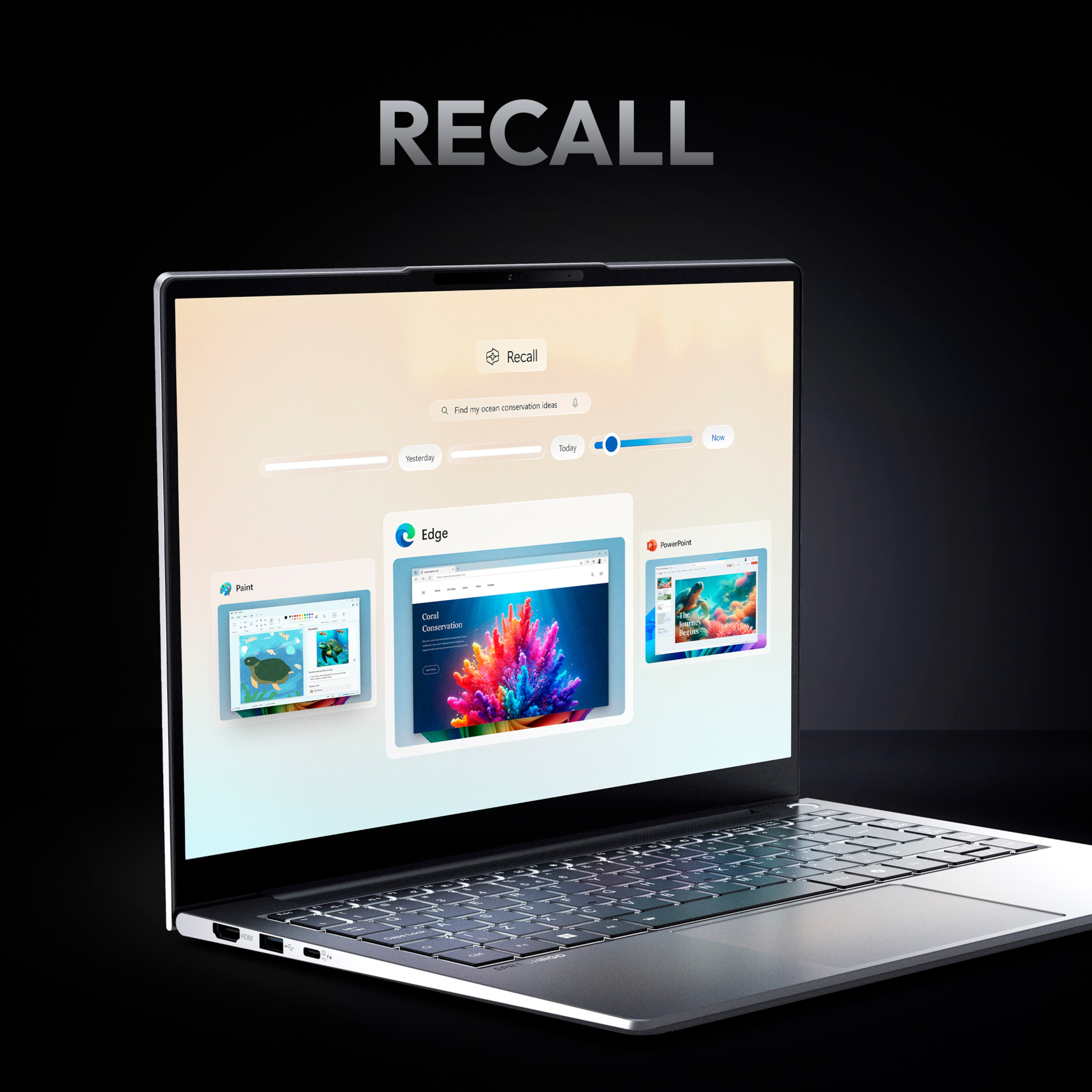 Laptop wyświetlający funkcję 'Recall', pokazujący okna z kolorową zawartością.
