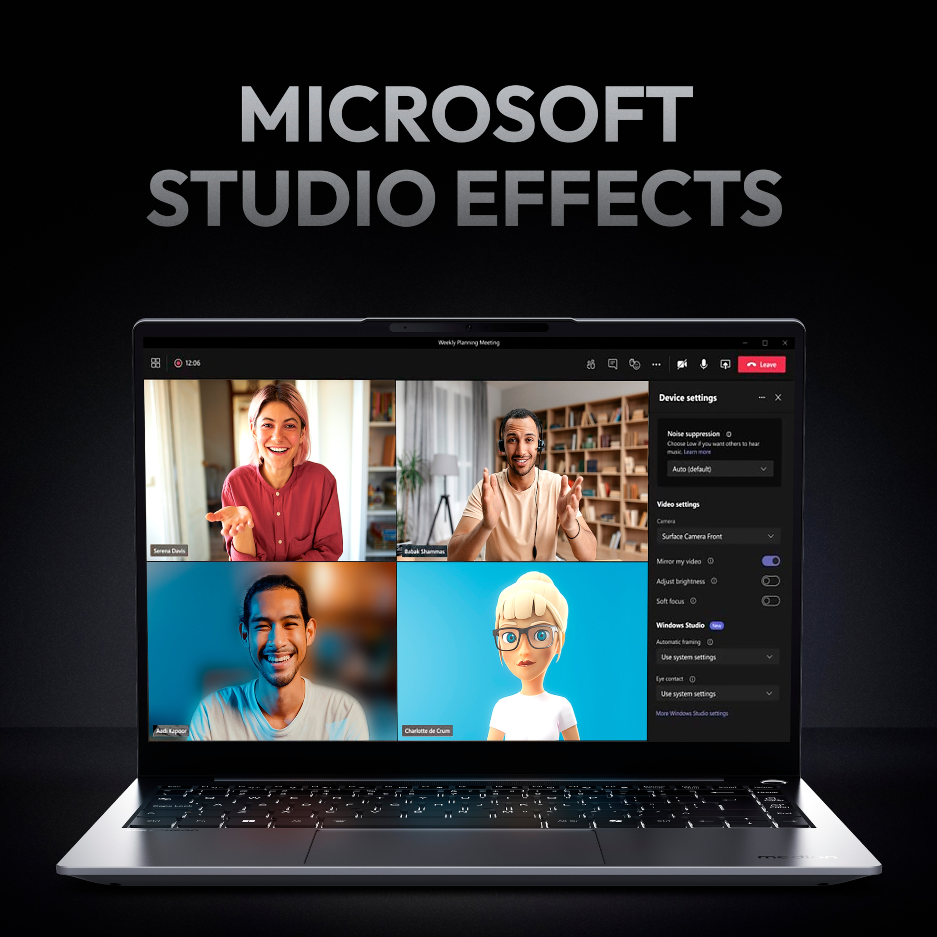 Ekran laptopa z spotkaniem Microsoft Teams. Cztery osoby są na rozmowie wideo, z wyświetlonymi ustawieniami.