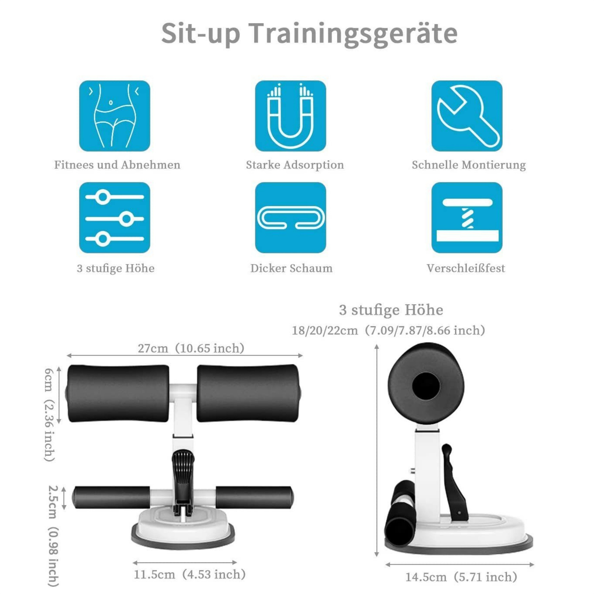 Diagramm eines Sit-up-Trainingsgeräts mit Abmessungen und Beschriftungen auf Deutsch.