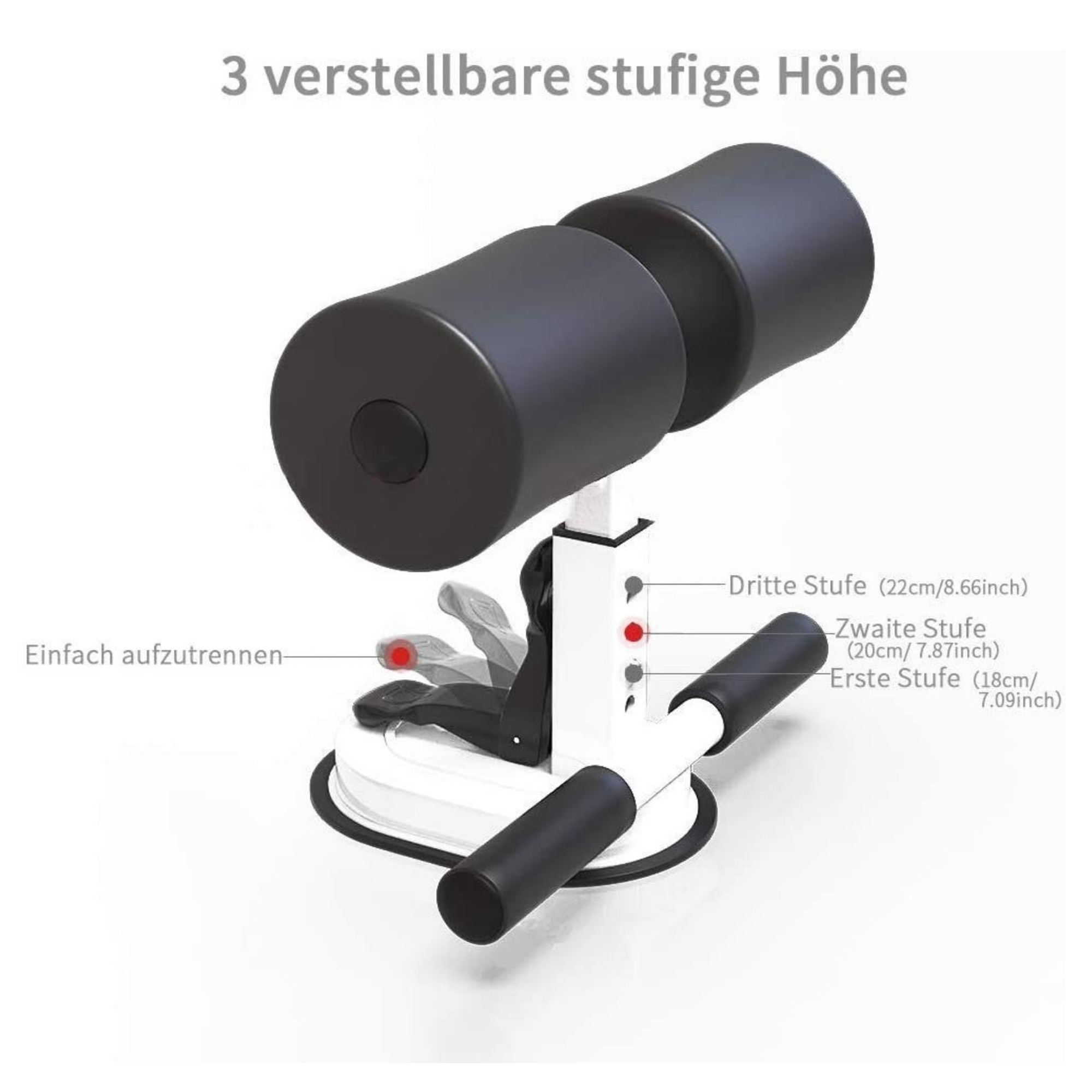 Schwarz-weiße Sit-up-Hilfe mit einstellbaren Höheneinstellungen und Griffen.