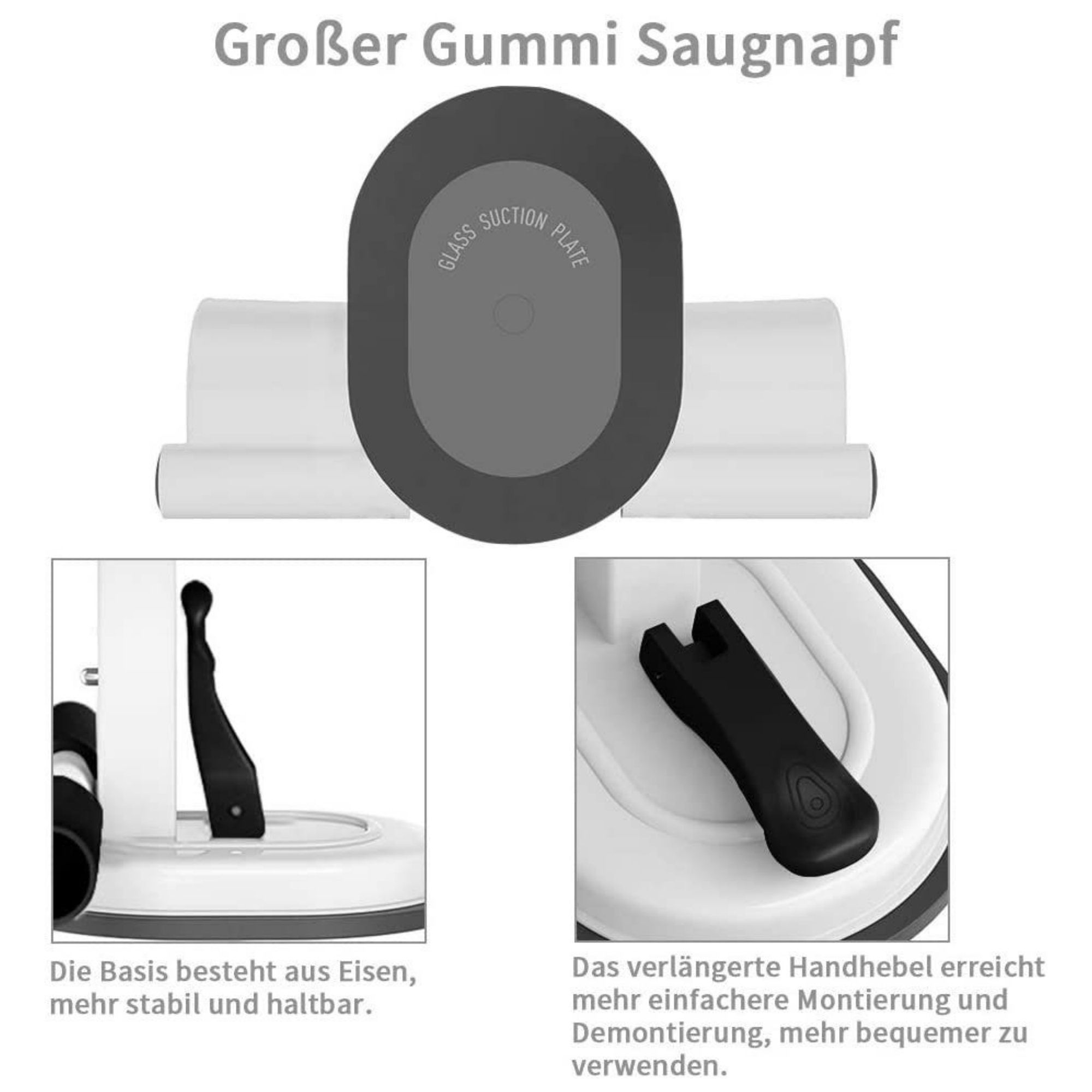 Ein Saugnapf für Glas. Das Bild zeigt die Platte, einen Griff und Text auf Deutsch: 'Großer Gummi Saugnapf'.