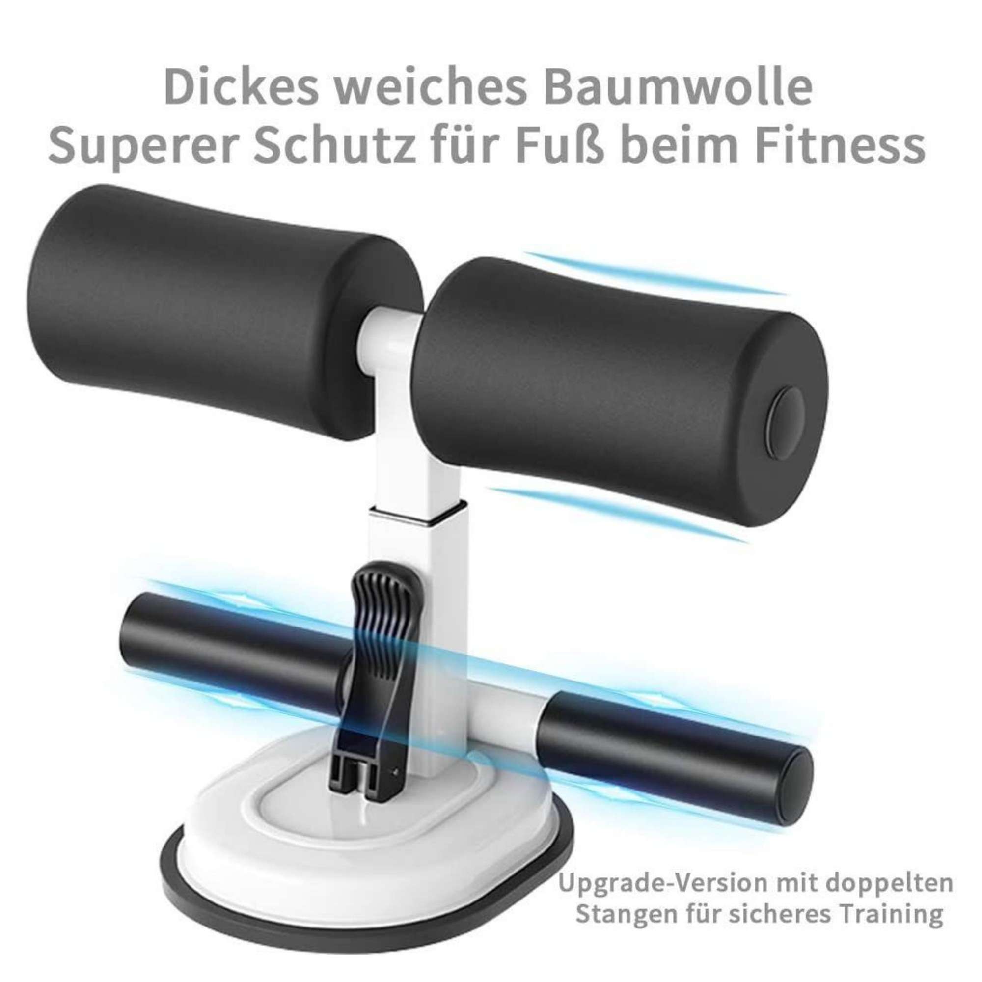 Ein weißes Trainingsgerät mit schwarzen Polstern und einem Saugfuß.