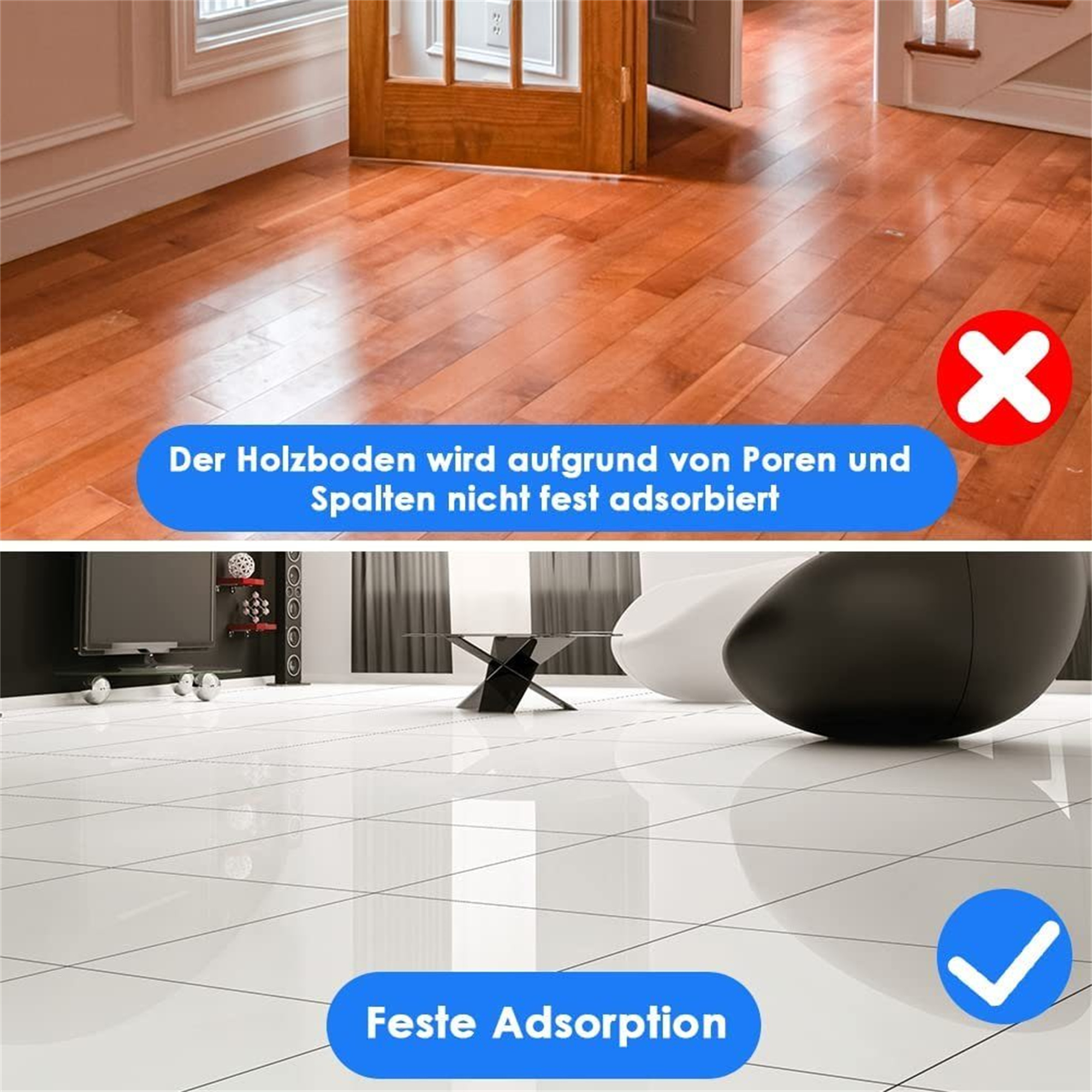 Bild, das Holzböden mit und ohne Beschichtung vergleicht. Textbeschriftungen veranschaulichen den Unterschied.