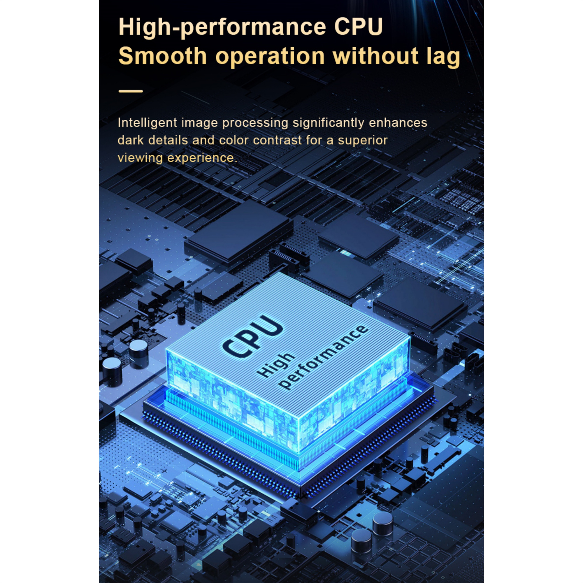 Eine blau beleuchtete Platine mit dem Wort CPU und Text darüber.