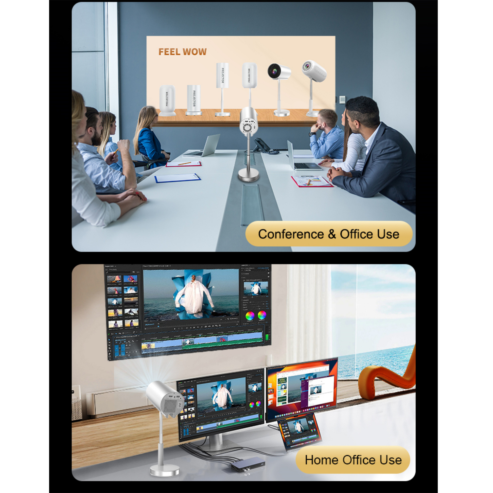 Projektor im Konferenz- und Home-Office-Setting, zeigt verschiedene Umgebungen und Anwendungen.