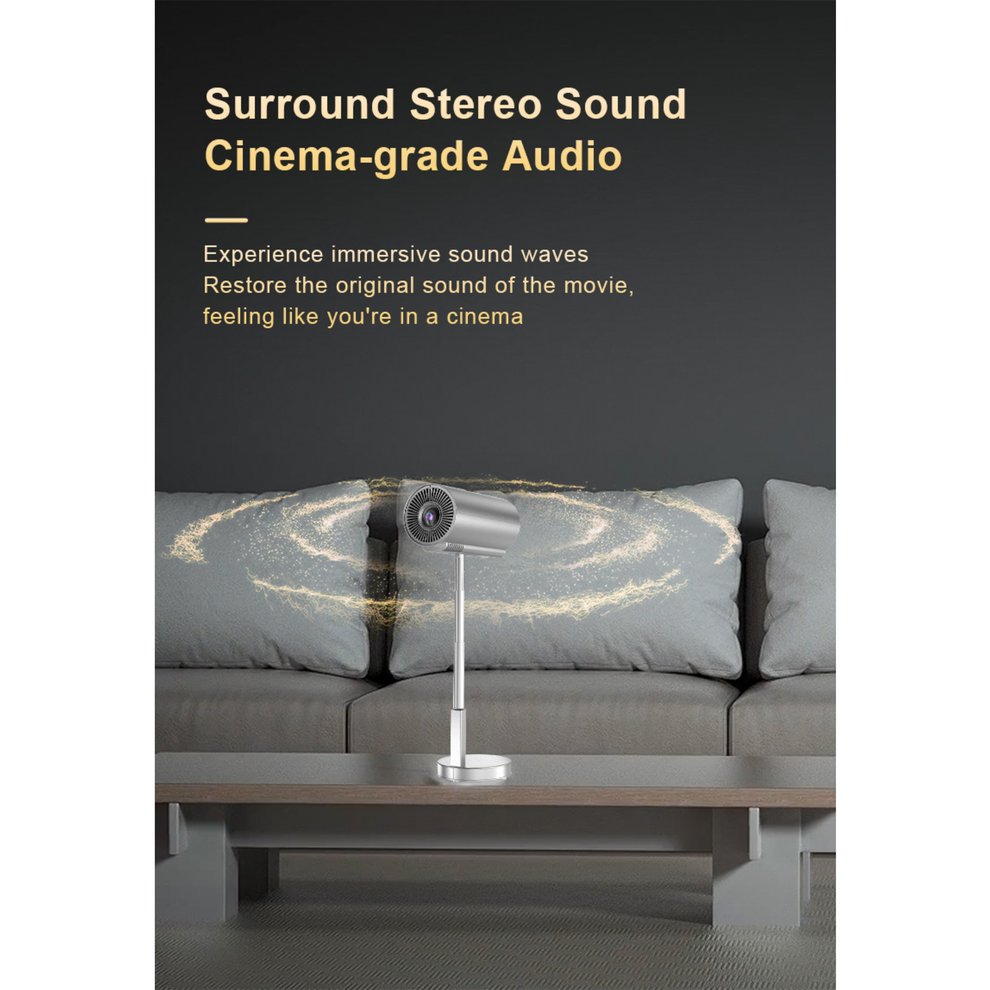 Ein silberner Projektor auf einem Tisch, mit Text über Kino-Sound und Surround-Sound.