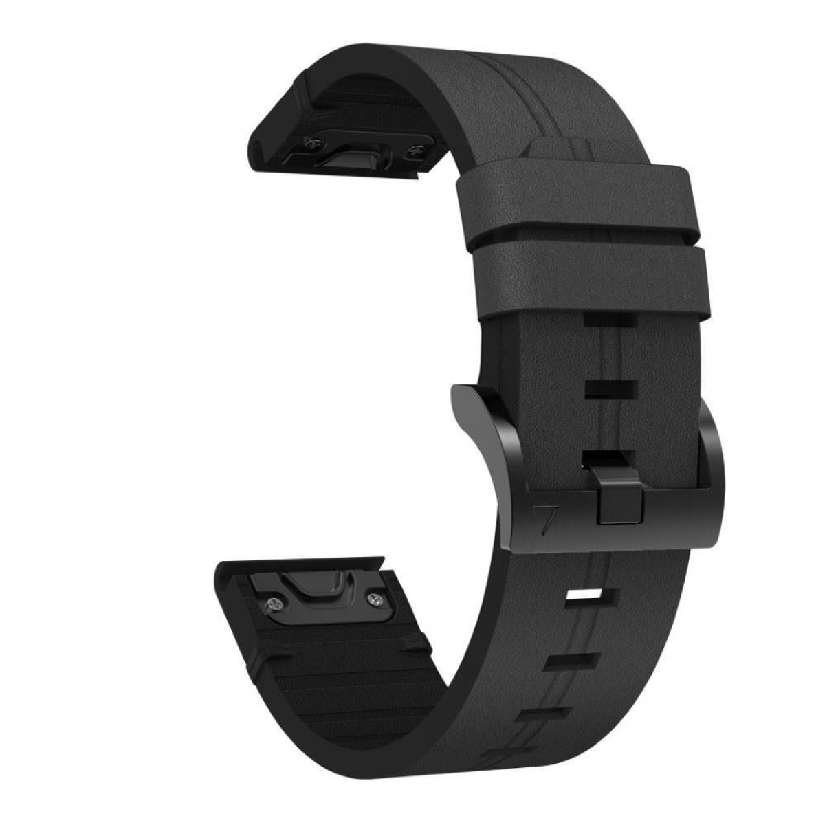 Schwarzes Uhrenarmband mit schwarzem Verschluss. Das Armband befindet sich auf weißem Hintergrund.