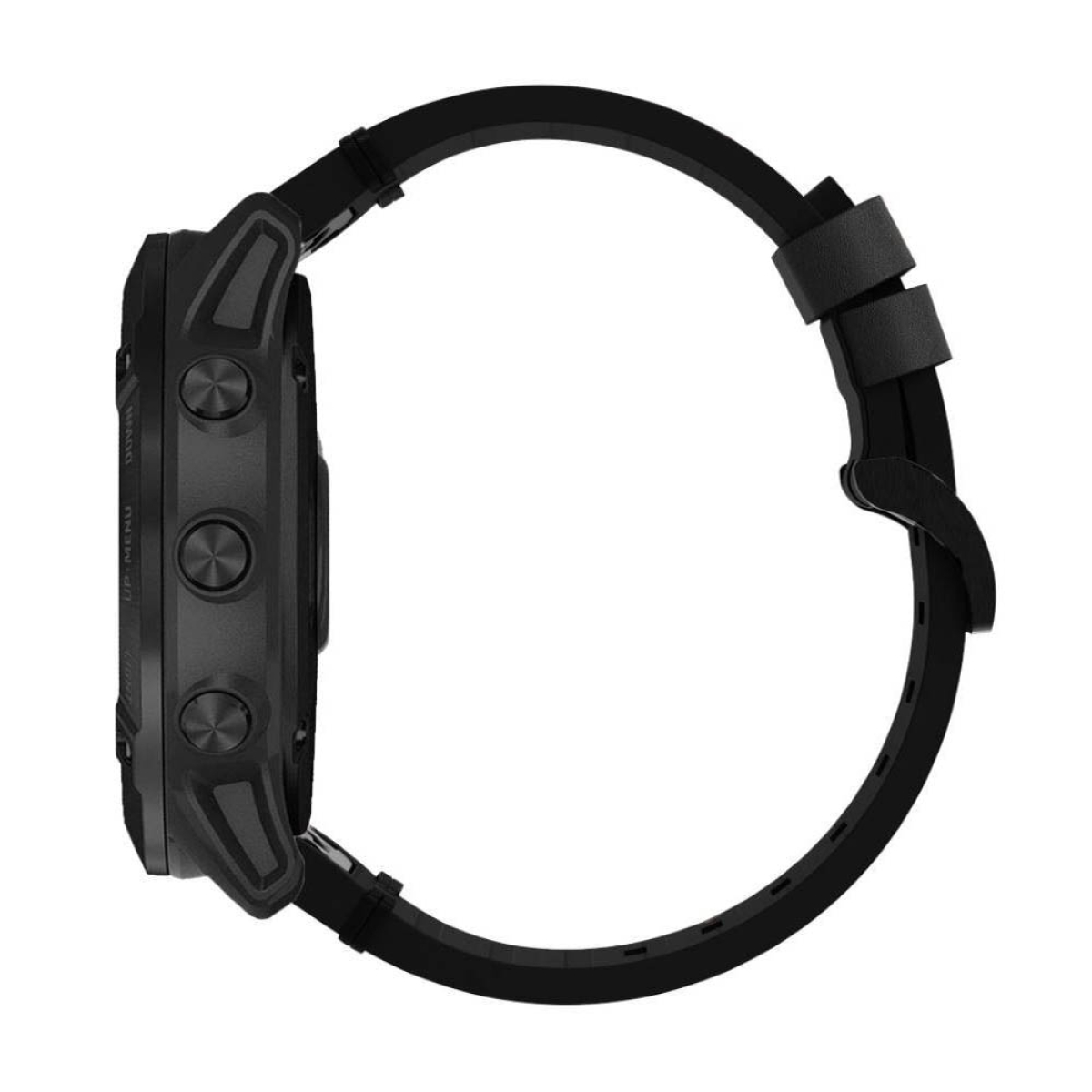 Schwarze Smartwatch, Seitenansicht, schwarzes Armband, Knöpfe sichtbar.