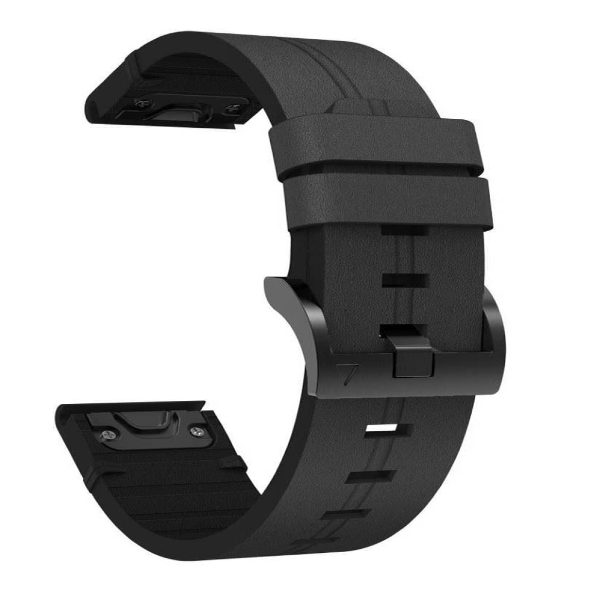 Schwarzes Uhrenarmband mit Schnalle. Der Riemen besteht aus Gummi.