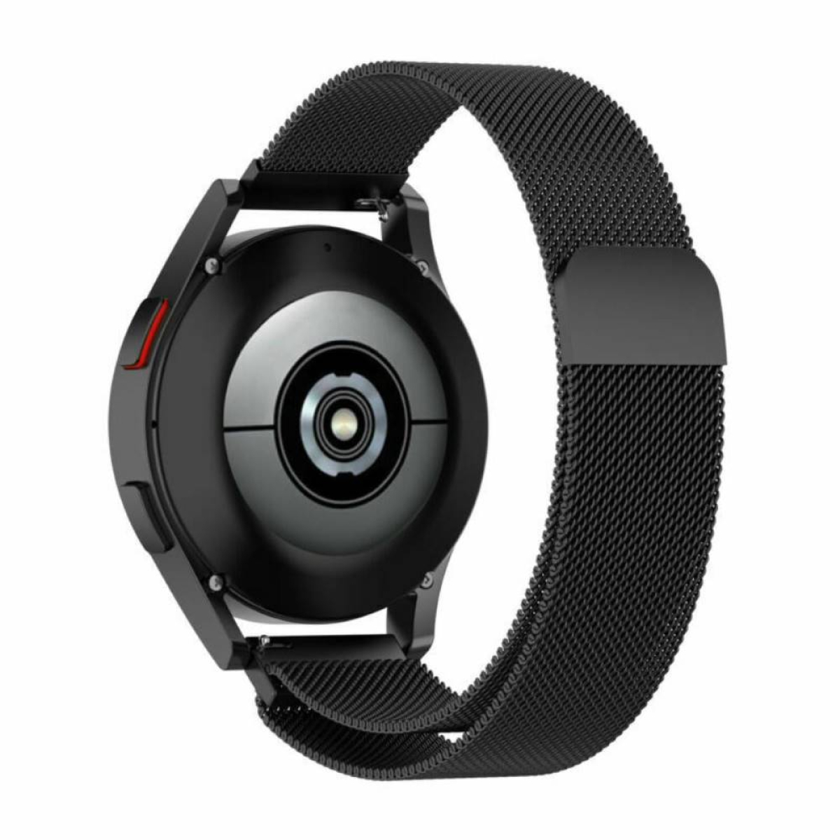 Schwarze Smartwatch mit schwarzem Mesh-Armband, von hinten gesehen, mit Herzfrequenzsensor.
