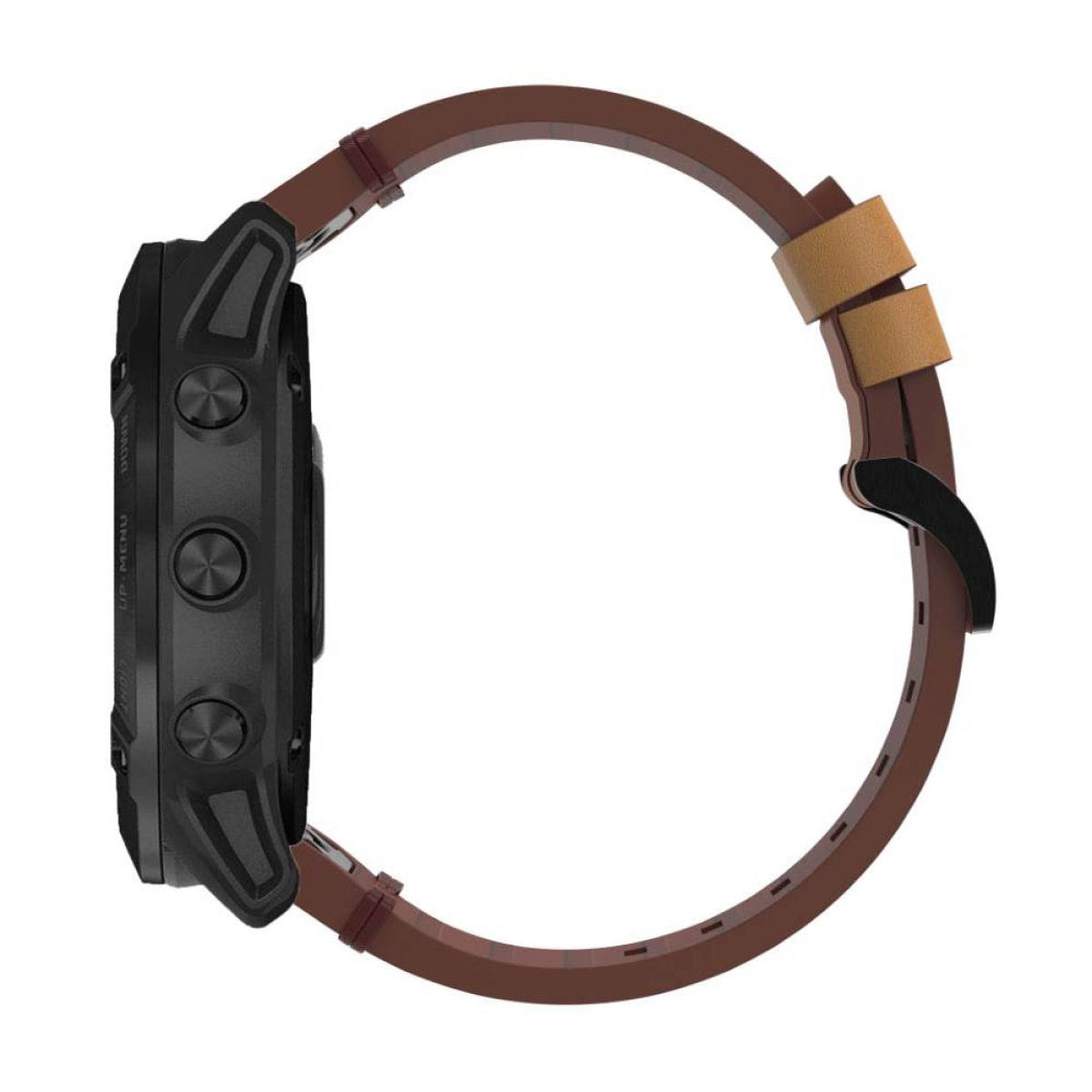 Seitenansicht einer schwarzen Smartwatch mit braunem Lederarmband. Knöpfe und ein Bildschirm sind sichtbar.