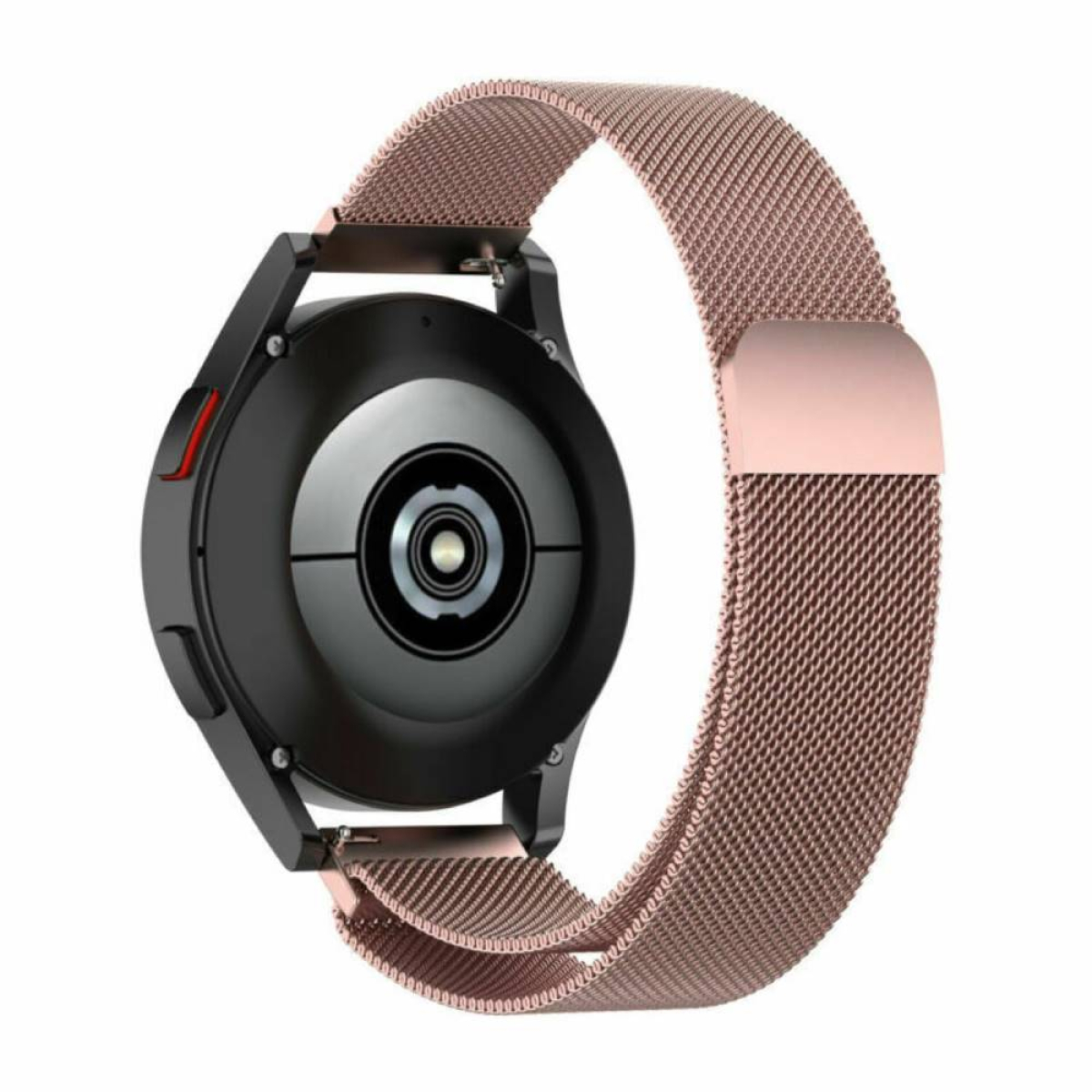Eine schwarze Smartwatch mit roségoldfarbenem Mesh-Armband, von hinten gesehen, auf weißem Hintergrund.