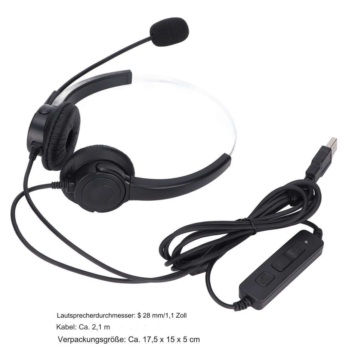 Headset mit Mikrofon und Bedienfeld am Kabel, plus USB-Anschluss.