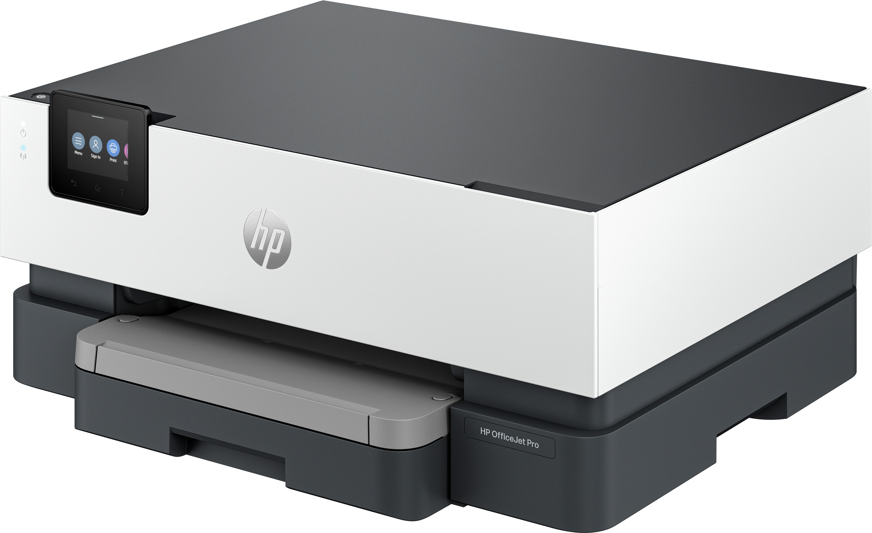 Ein weiß-grauer HP-Drucker mit Bildschirm und HP-Logo.