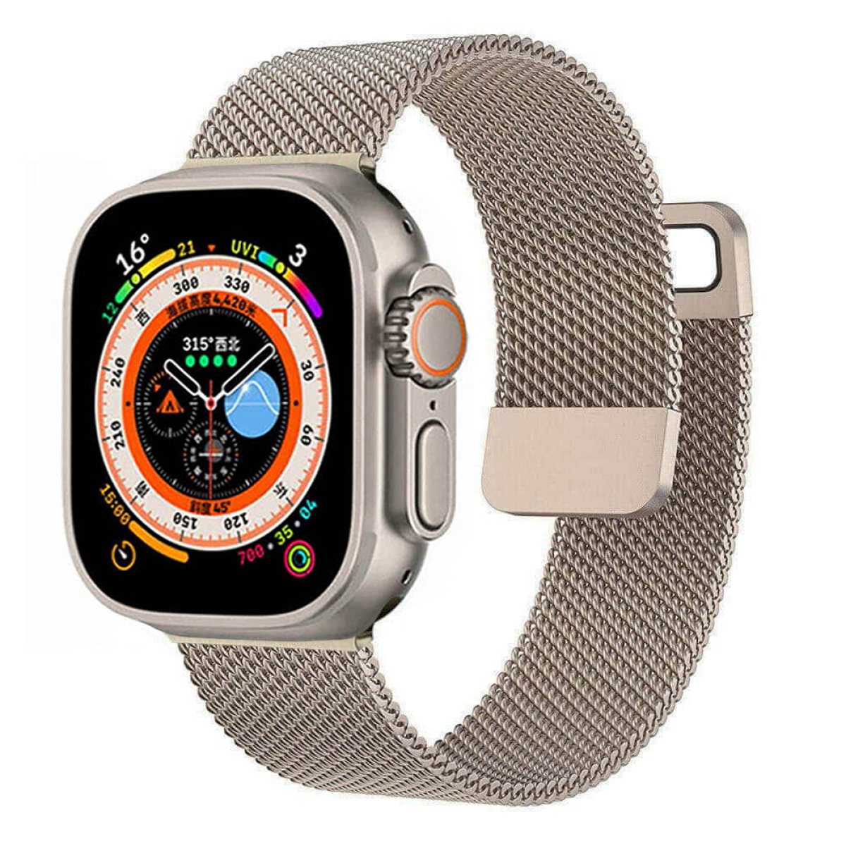 Silberne Smartwatch mit Mesh-Armband, zeigt Display mit Infos. Weißer Hintergrund.