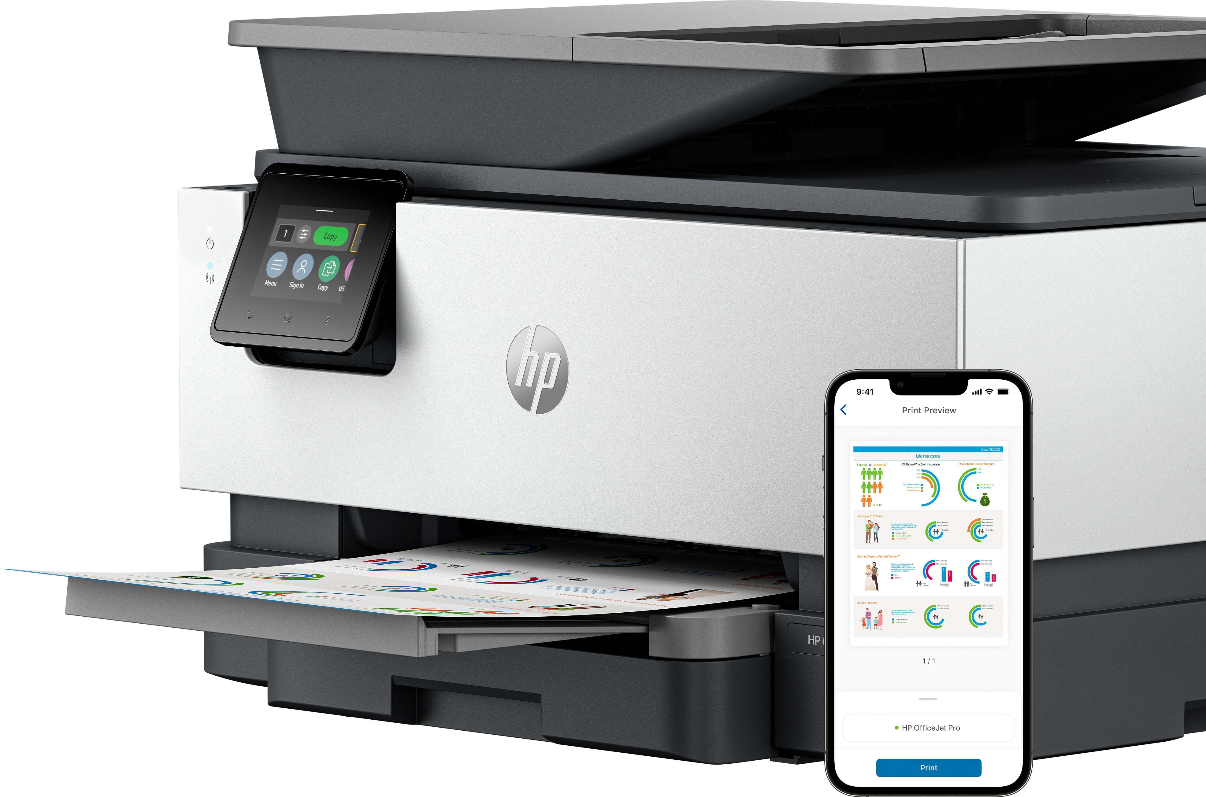 Impresora HP con una impresión y un teléfono mostrando una vista previa. Datos en gráficos.
