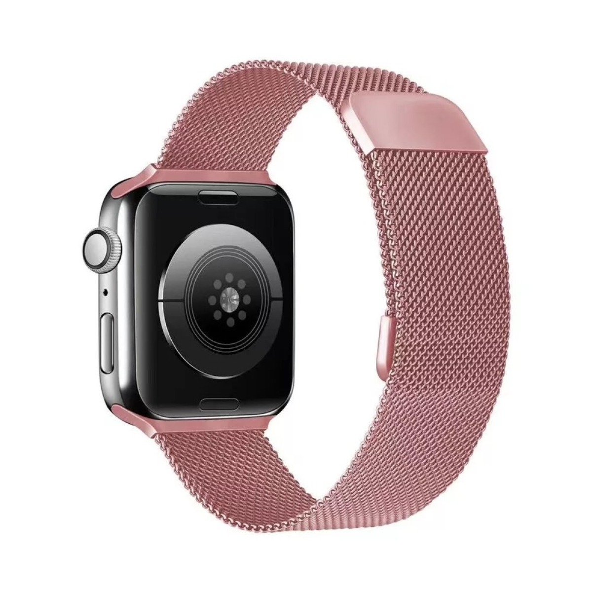 Armband aus roségoldfarbenem Mesh für Apple Watch, mit sichtbarer Rückseite der Uhr. Das Armband liegt auf einer weißen Oberfläche.