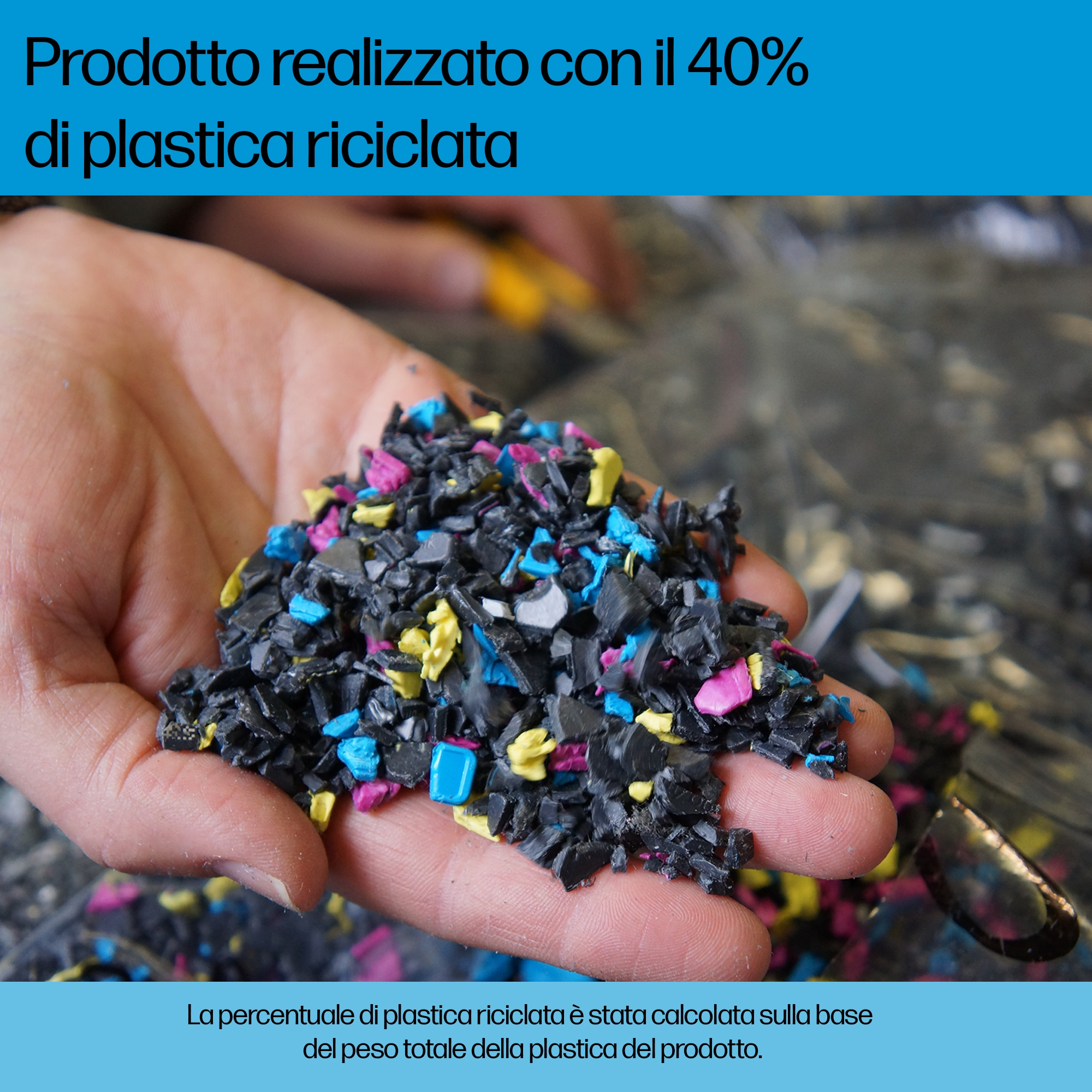 Hand die kleurrijke plastic stukjes vasthoudt. Tekst vermeldt 40% gerecycled plastic.