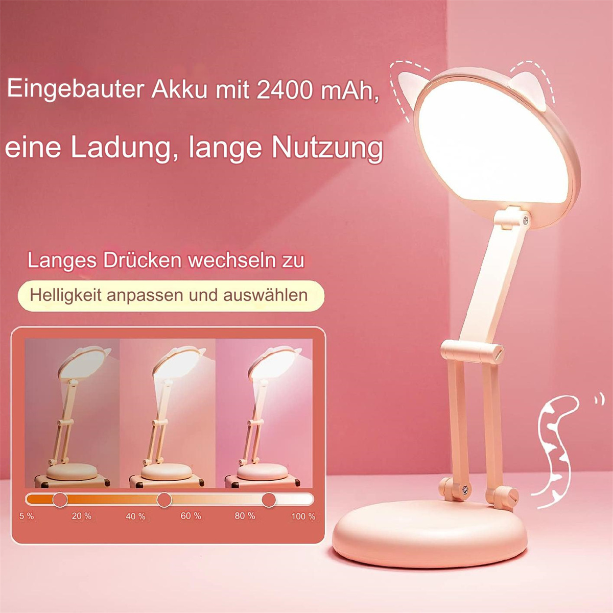 Rosa Schreibtischlampe mit Katzenohren und Helligkeitseinstellungen, auf rosa Hintergrund.