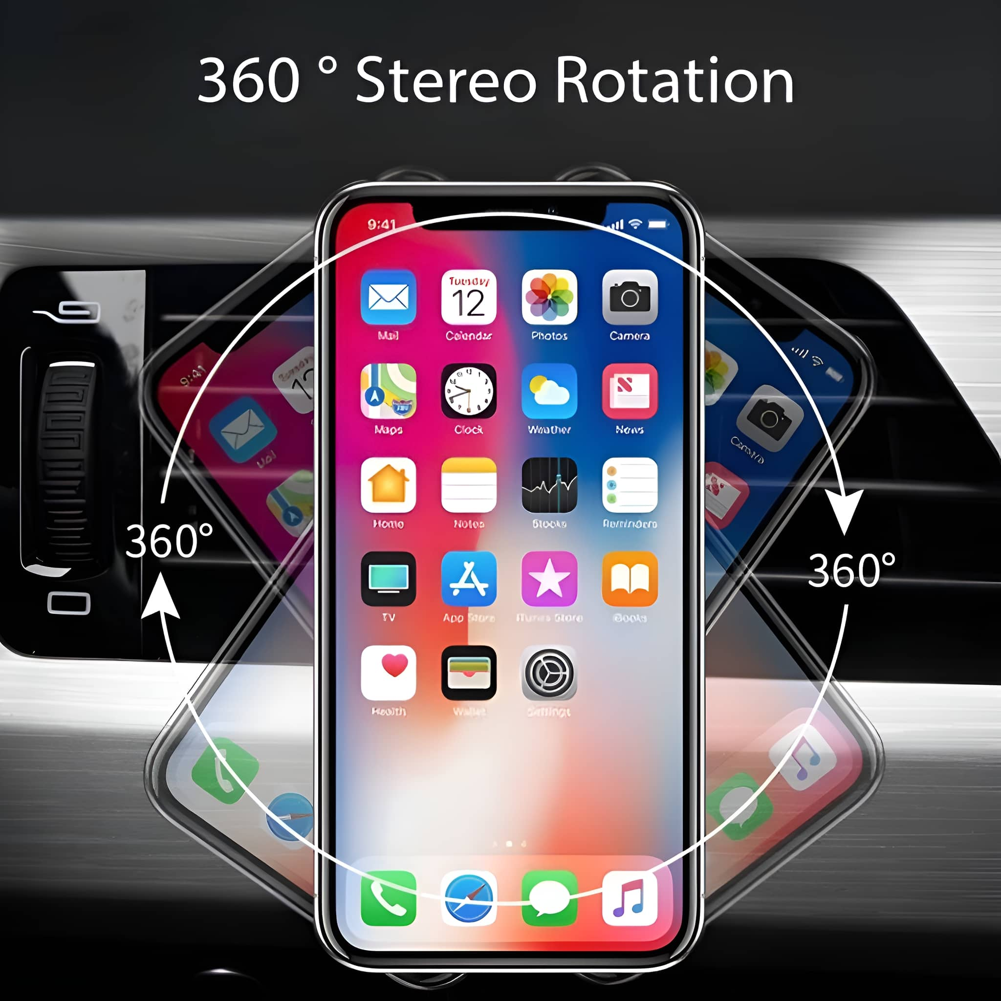 Ein Smartphone, das eine rotierende Oberfläche in einem Auto zeigt, mit Bedienelementen.