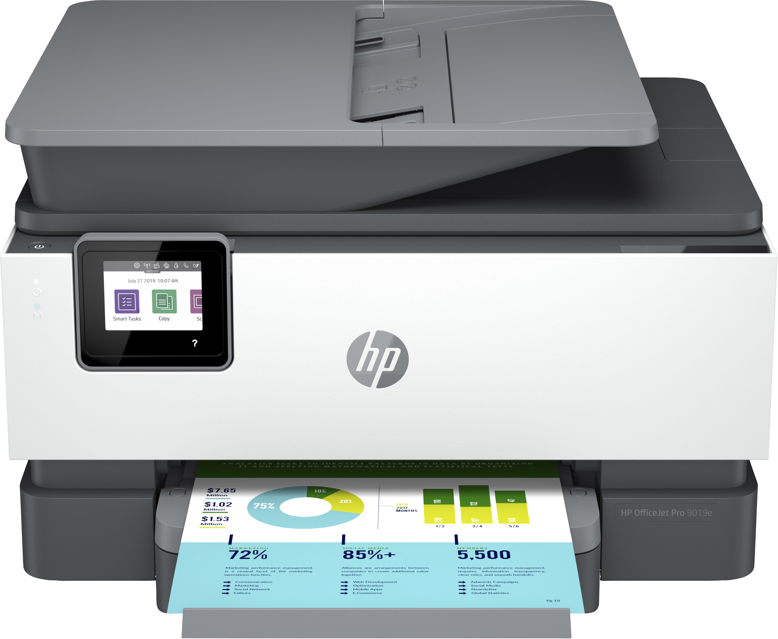 Ein HP-Drucker, der ein Diagramm druckt. Der Drucker ist weiß und grau, mit einem Bildschirm.