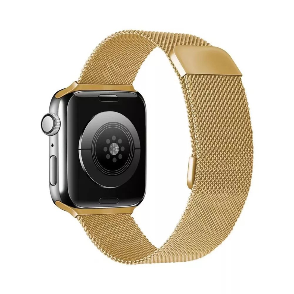 Goldenes Mesh-Apple-Watch-Armband. Das Zifferblatt ist schwarz. Das Band ist golden.