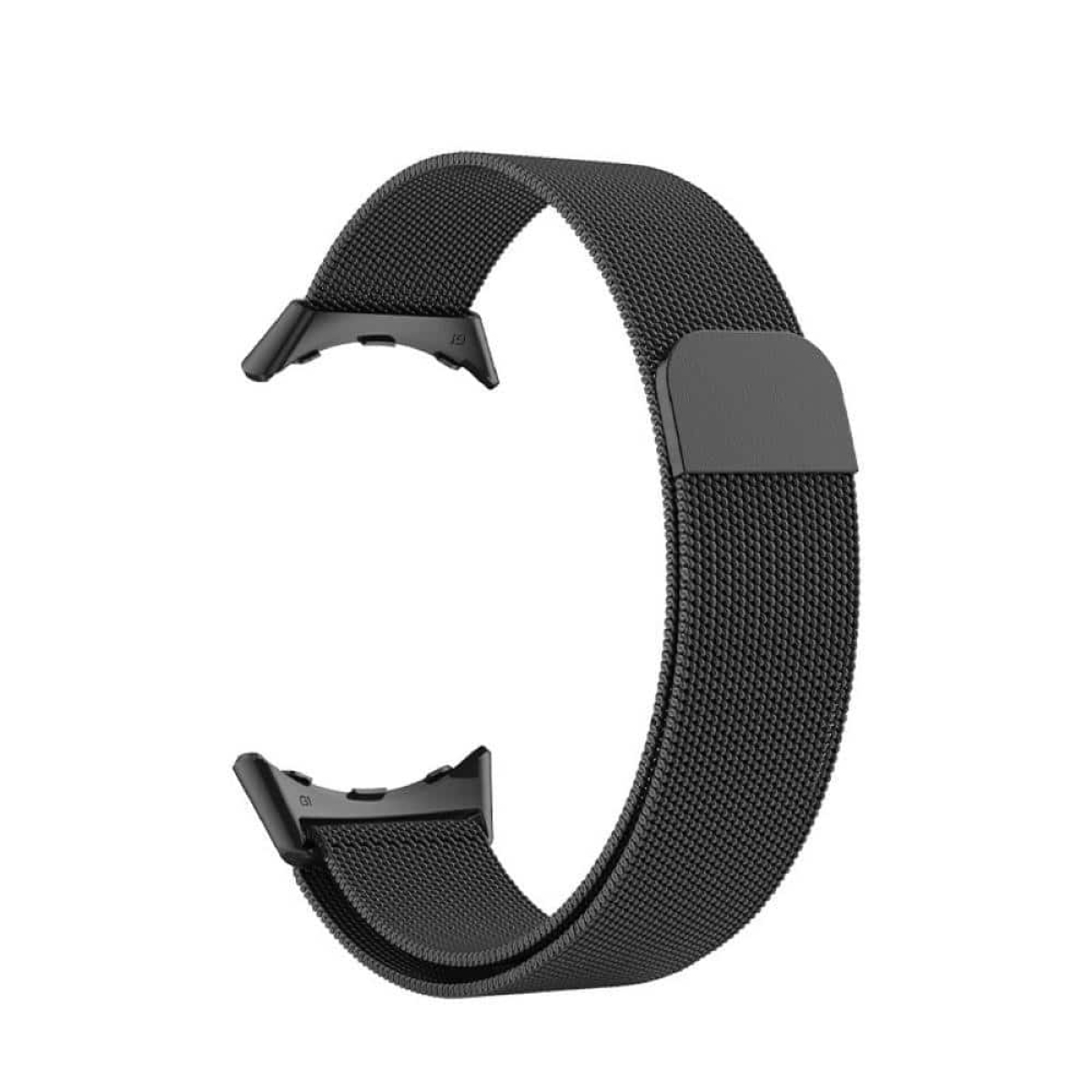 Schwarzes Edelstahl-Uhrenarmband mit Verschluss.