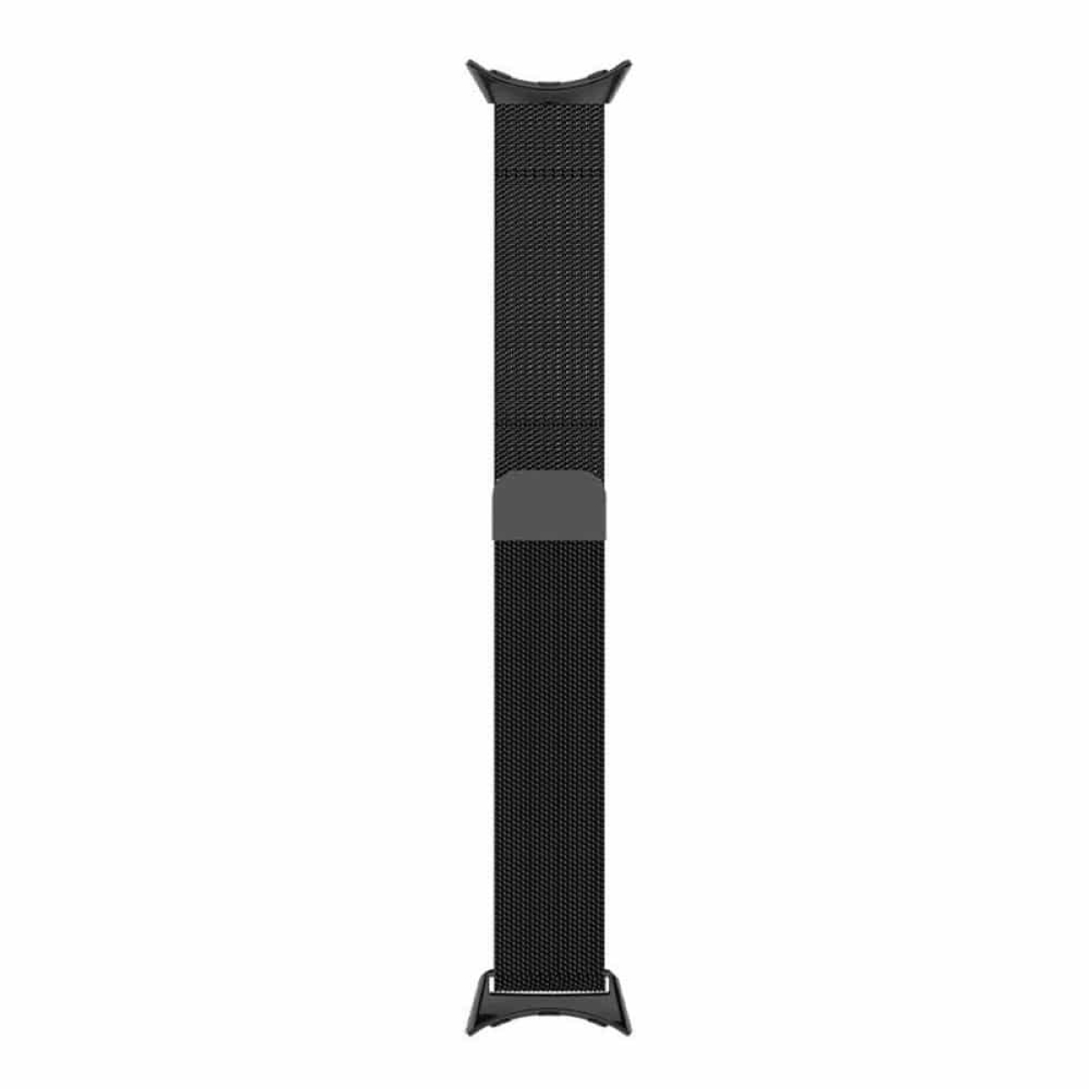 Ein schwarzes Uhrenarmband mit Mesh-Design, von oben gesehen.