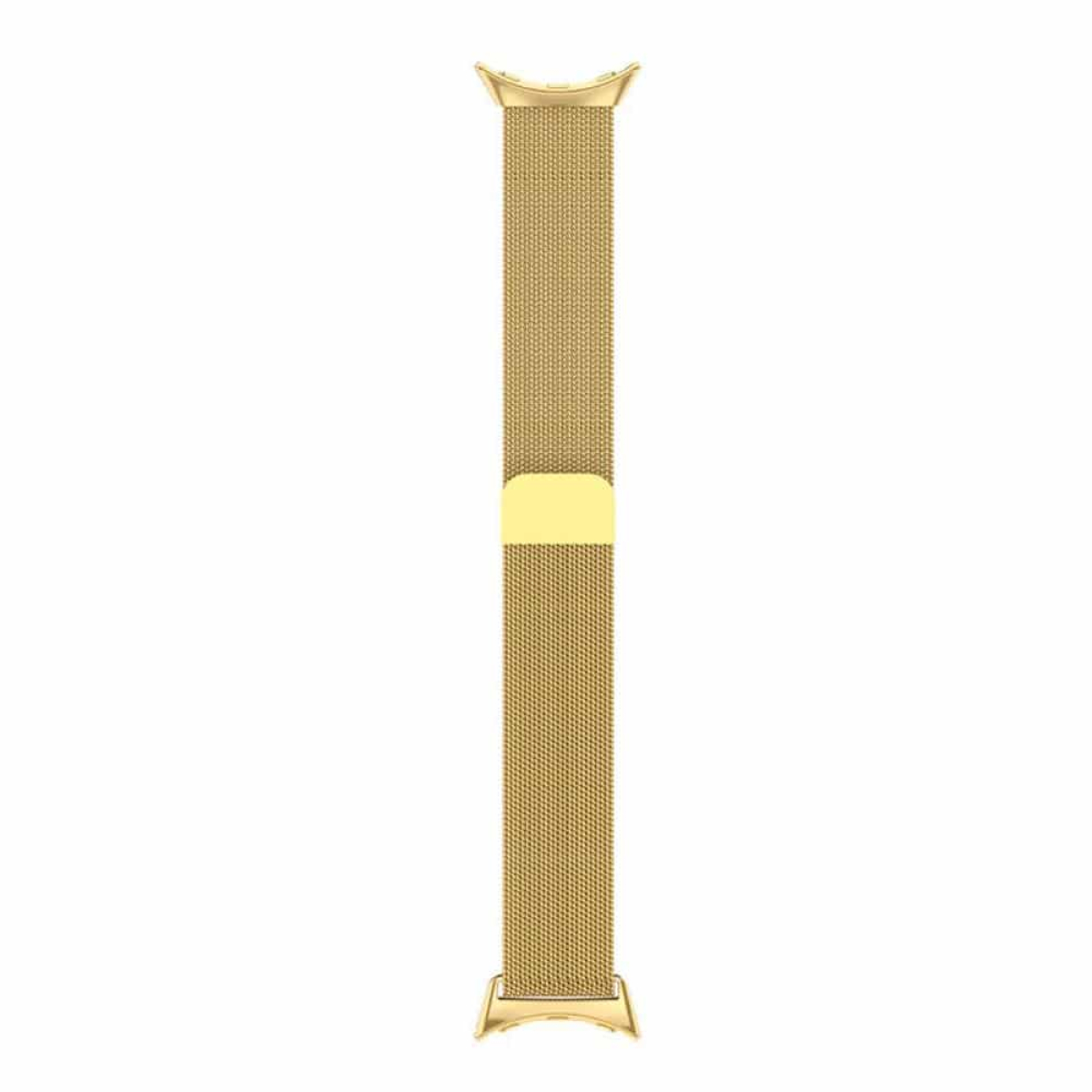 Ein goldfarbenes Mesh-Uhrenarmband. Es ist gerade. Es gibt einen goldenen Verschluss und einen weißen Hintergrund.
