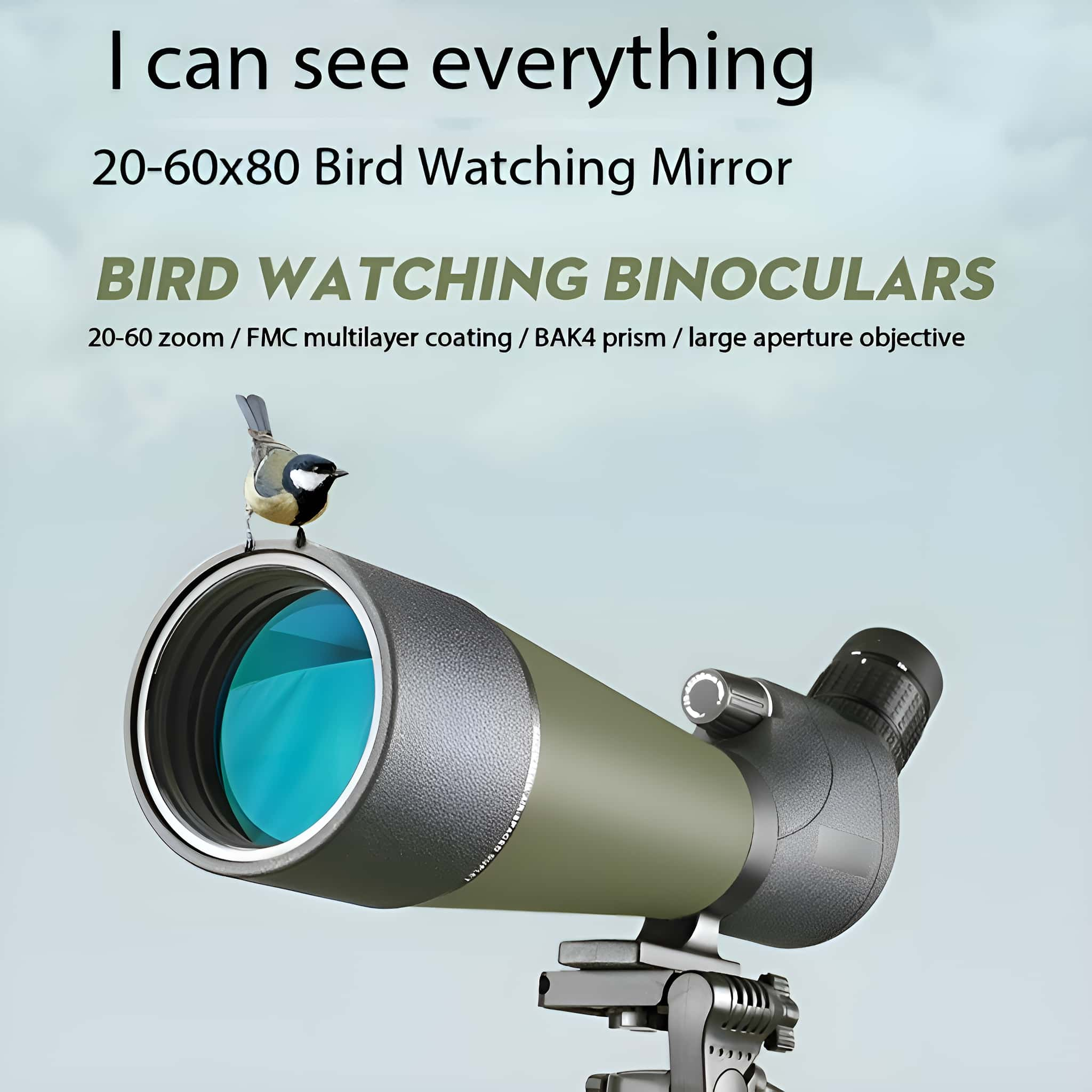 Ein Teleskop mit einem kleinen Vogel obenauf, Text über Ferngläser und Vogelbeobachtung.
