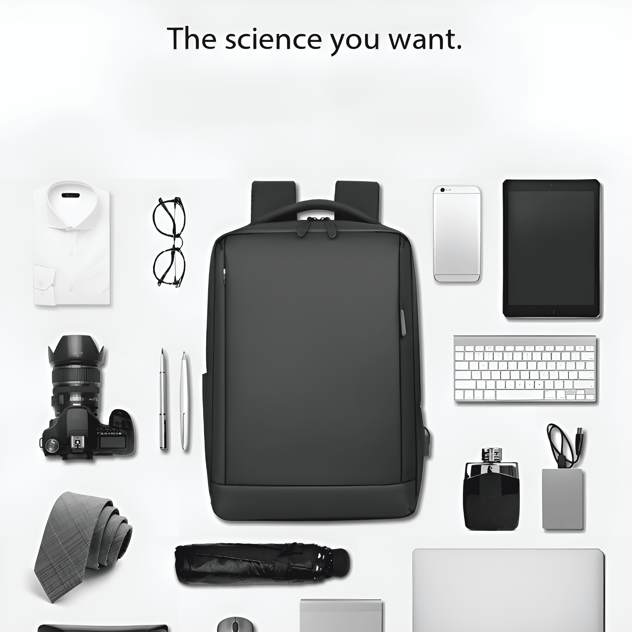 Rucksack mit Gegenständen: Hemd, Brille, Kamera, Stift, Krawatte, Kopfhörer, Tablet, Telefon. Weißer Hintergrund.